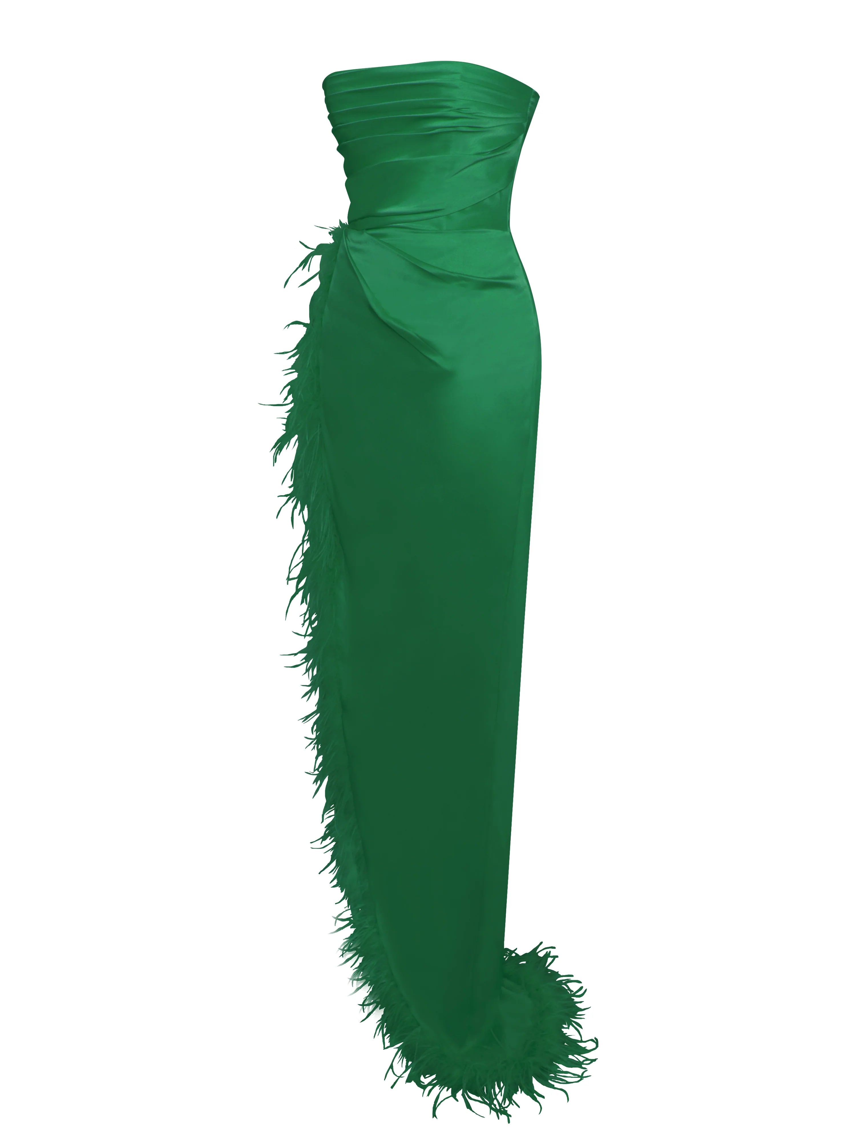 Perrin Emerald Green Feather Dress High Slit Gown