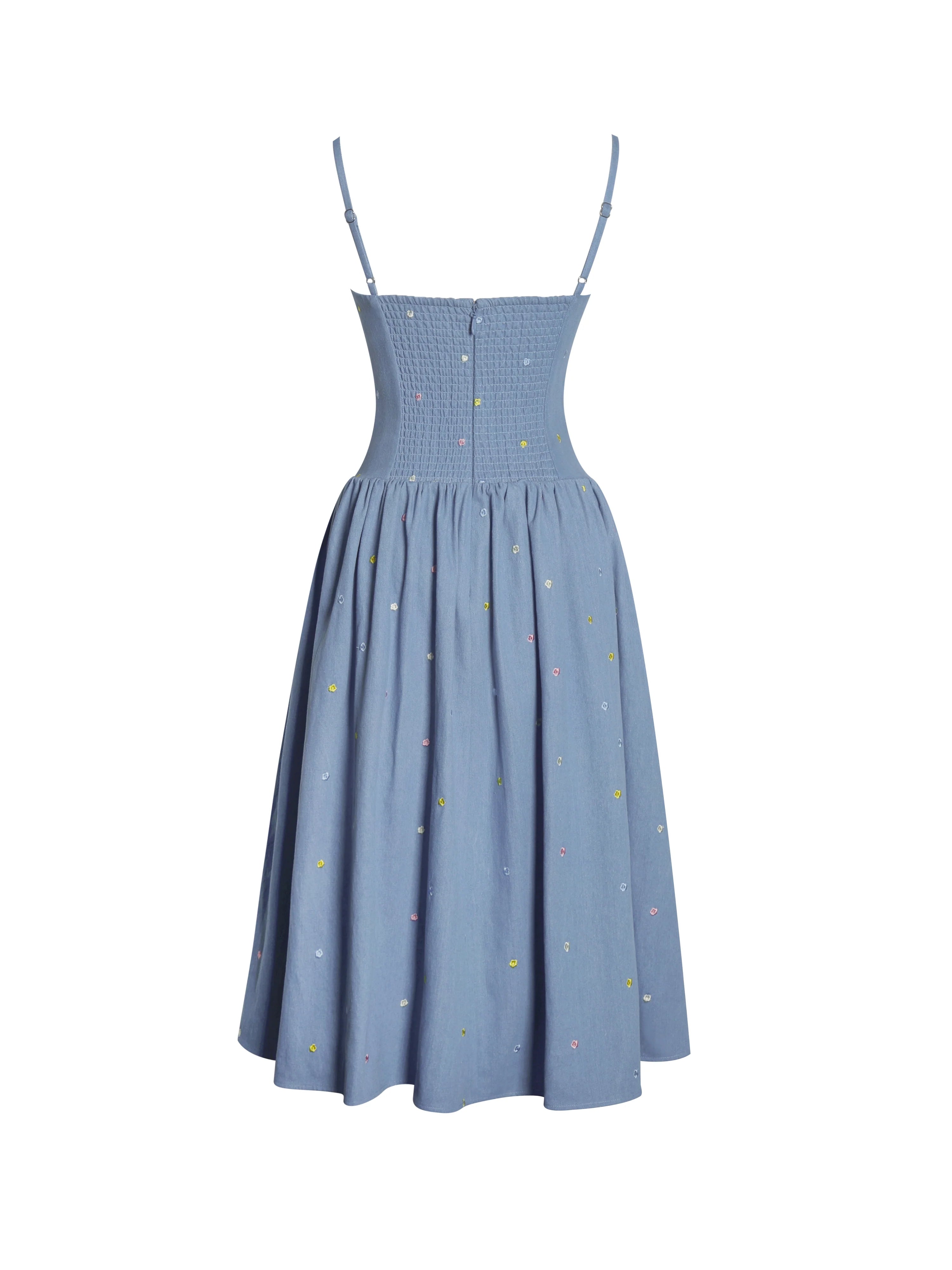 Zadie Cotton Denim Drop Waist Embroidery Flower Midi Dress