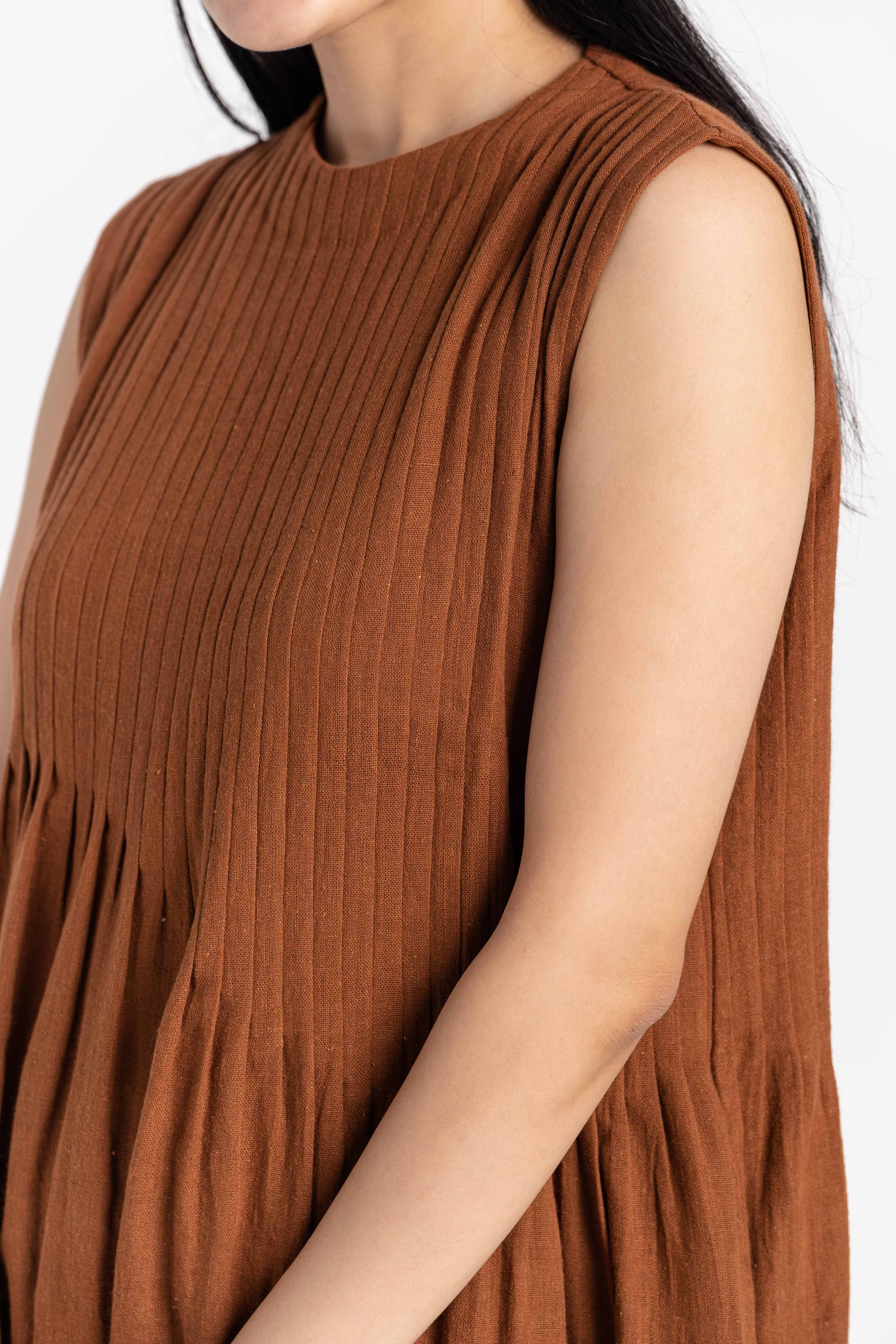 Bombay Brown Pleated Organic Cotton Dress