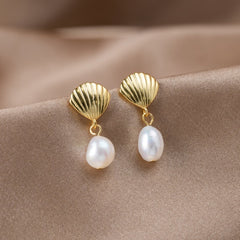 Vioraia Freshwater Pearl & Gold Shell Earrings