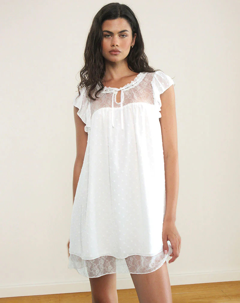 Yagis Smock Mini Dress in Dobby Chiffon White Lace