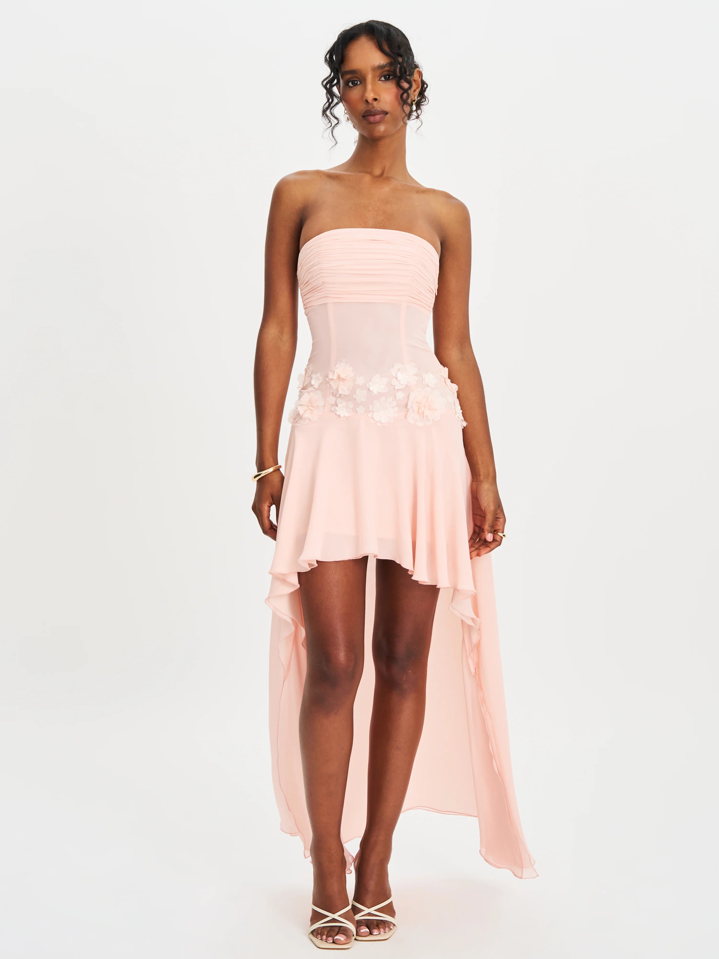 Mae Pink Ruched Breast Appliqué Trim Trailing Dress