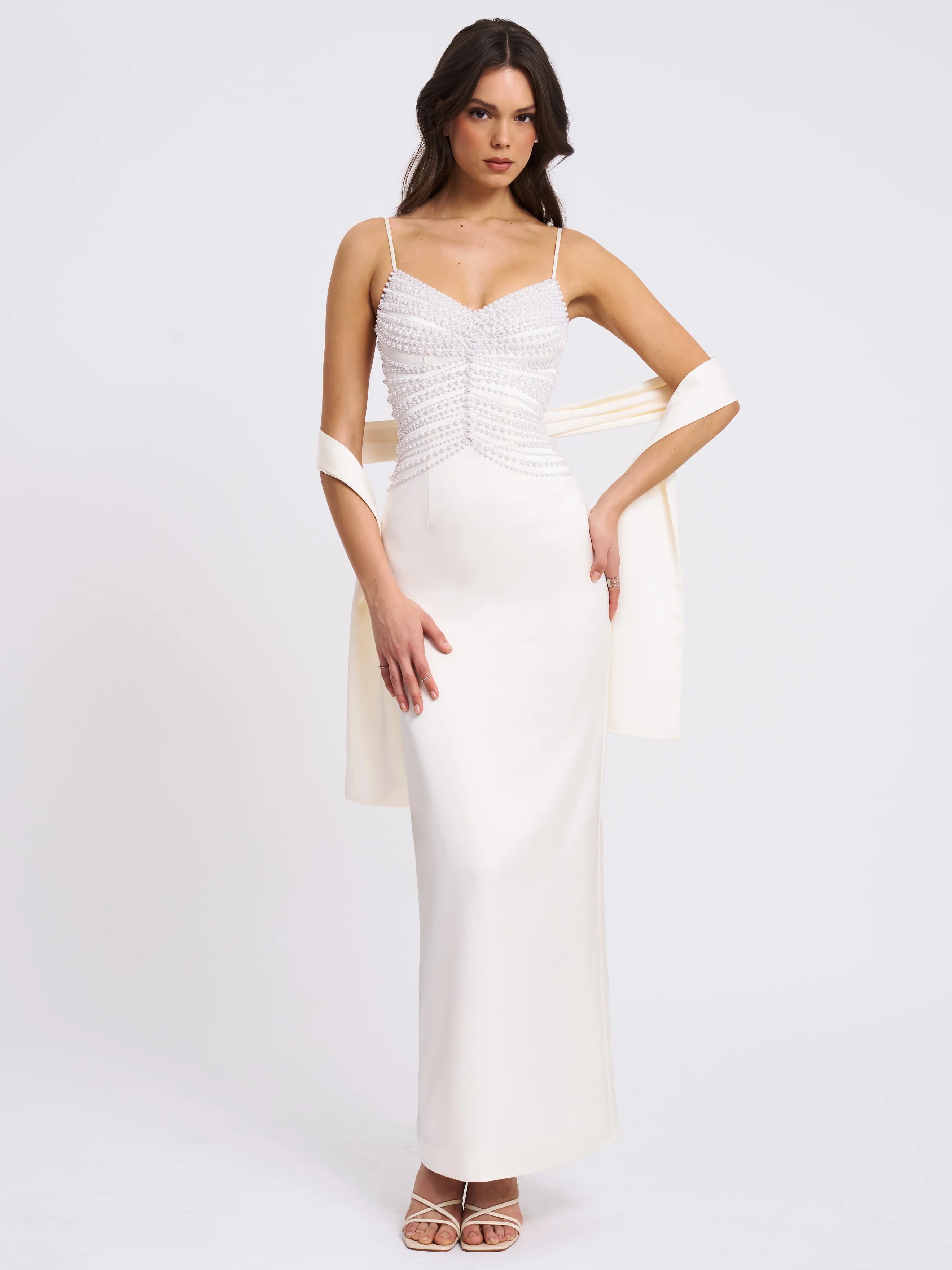 Karmen Pearl Top Pencil Slip Gown with Scarf