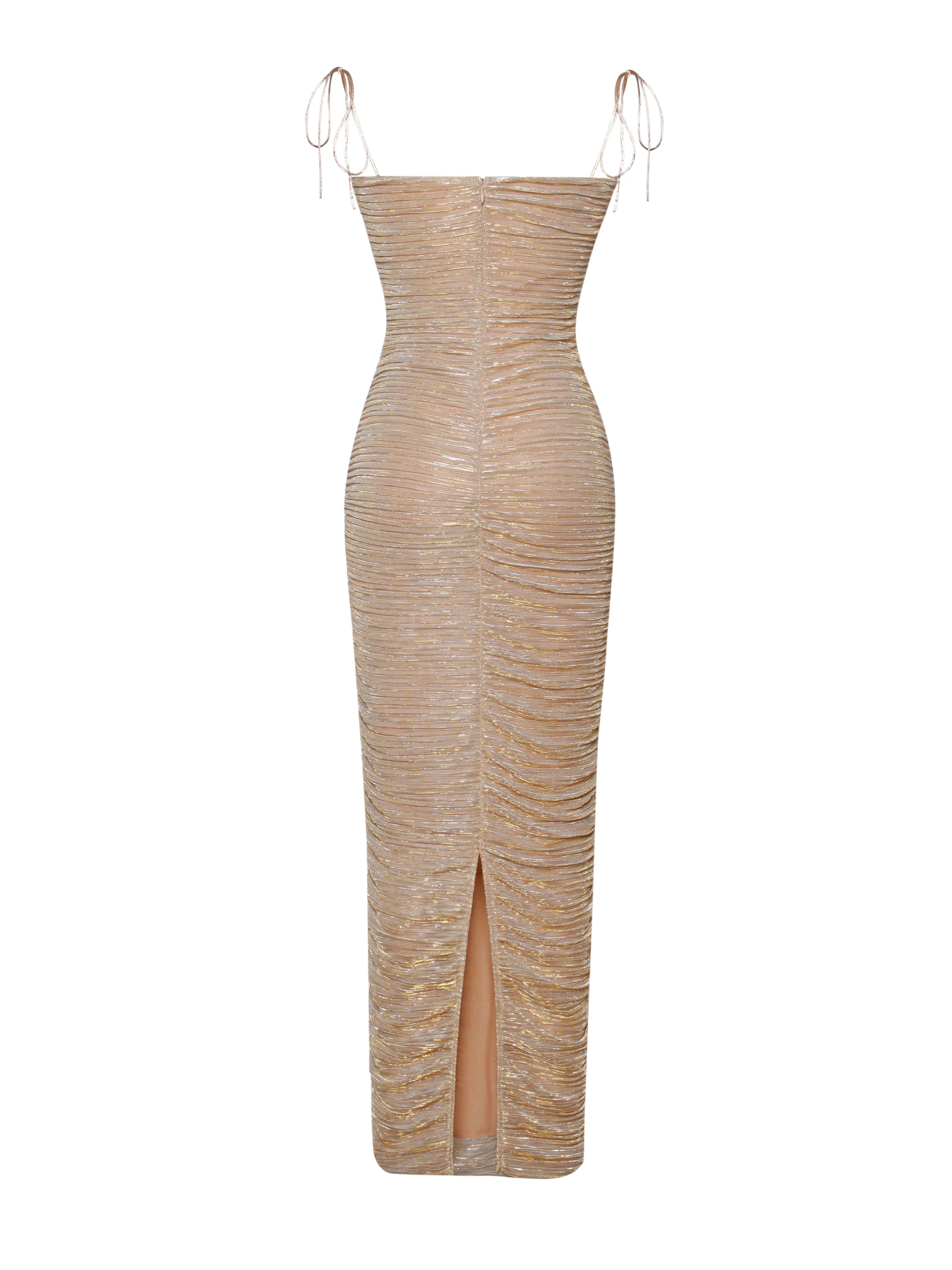 The Glint Gold Ruched Chiffon Long Maxi Dress