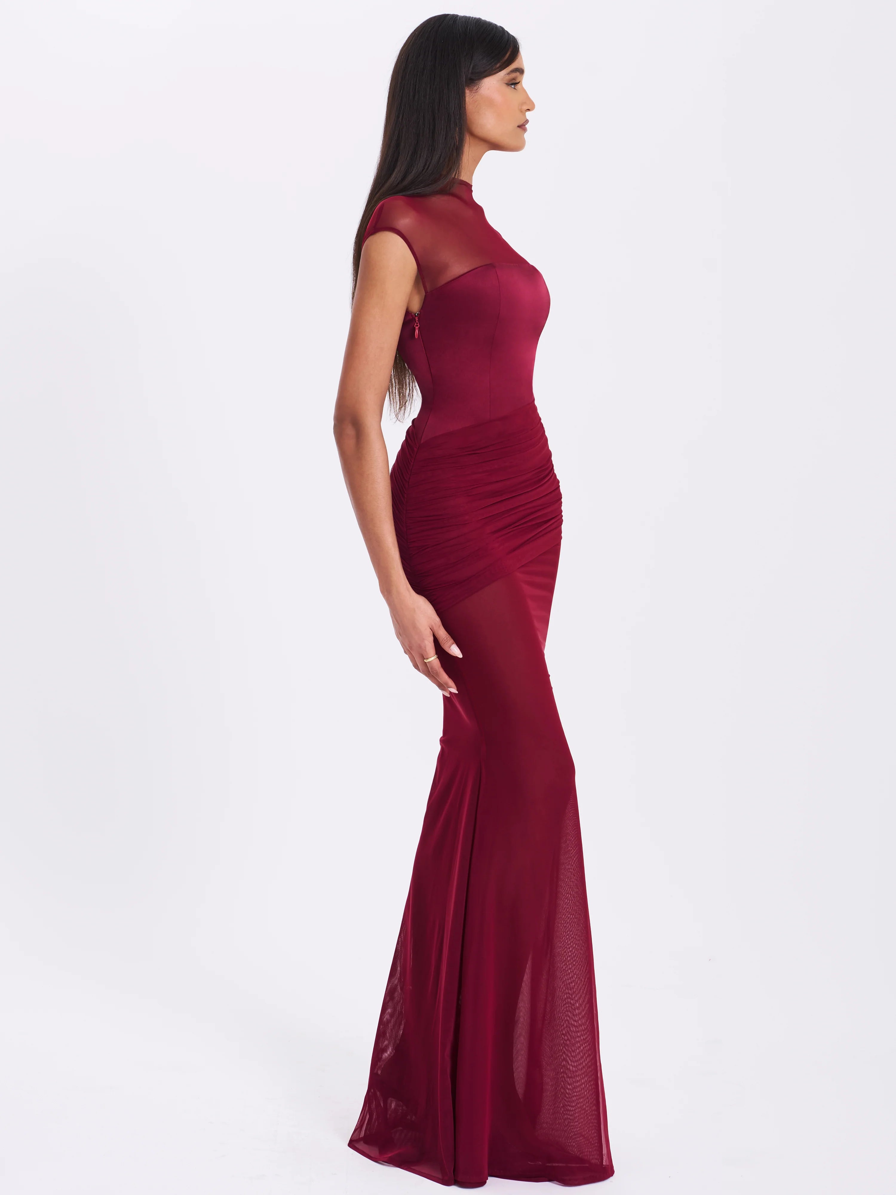 Fabienne Burgundy Mesh Cap Sleeve Mermaid Gown