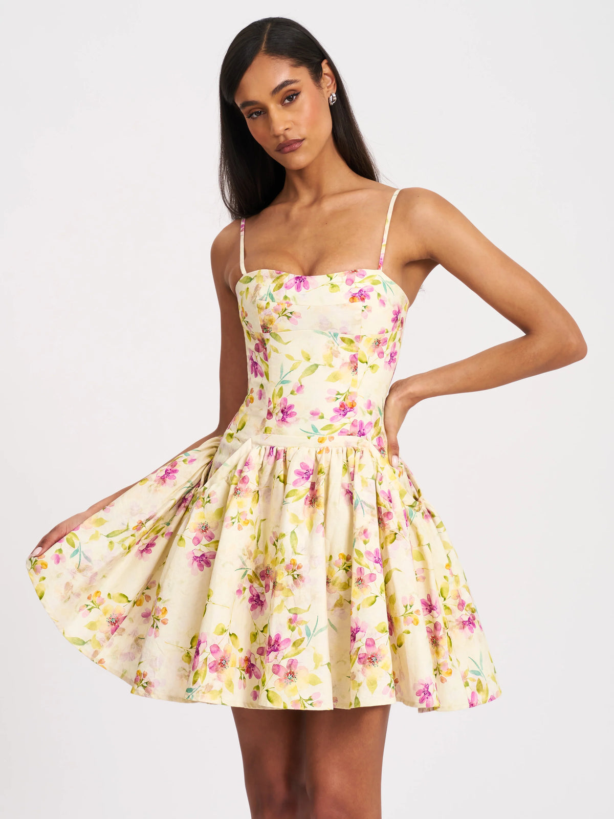 Valda Yellow and Pink Print Linen Mini Dress with Pockets