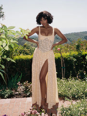 Ulissa Orange Square Neck Jacquard Textured High Slit Maxi Dress