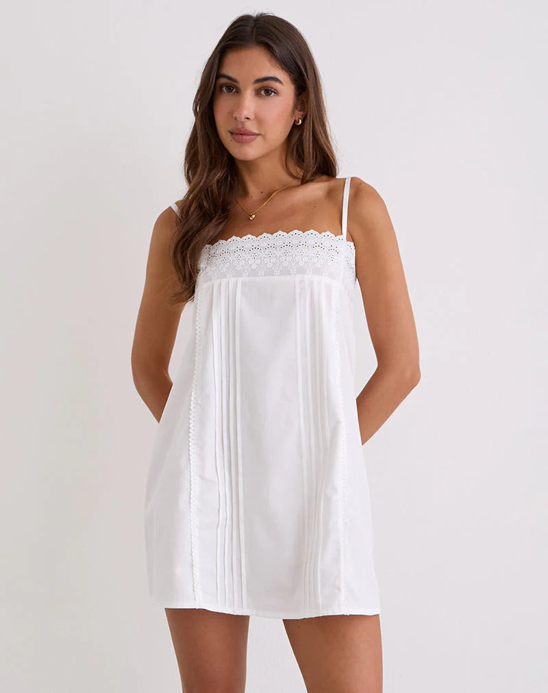 Yoshiko Broderie Trim Mini Dress in White