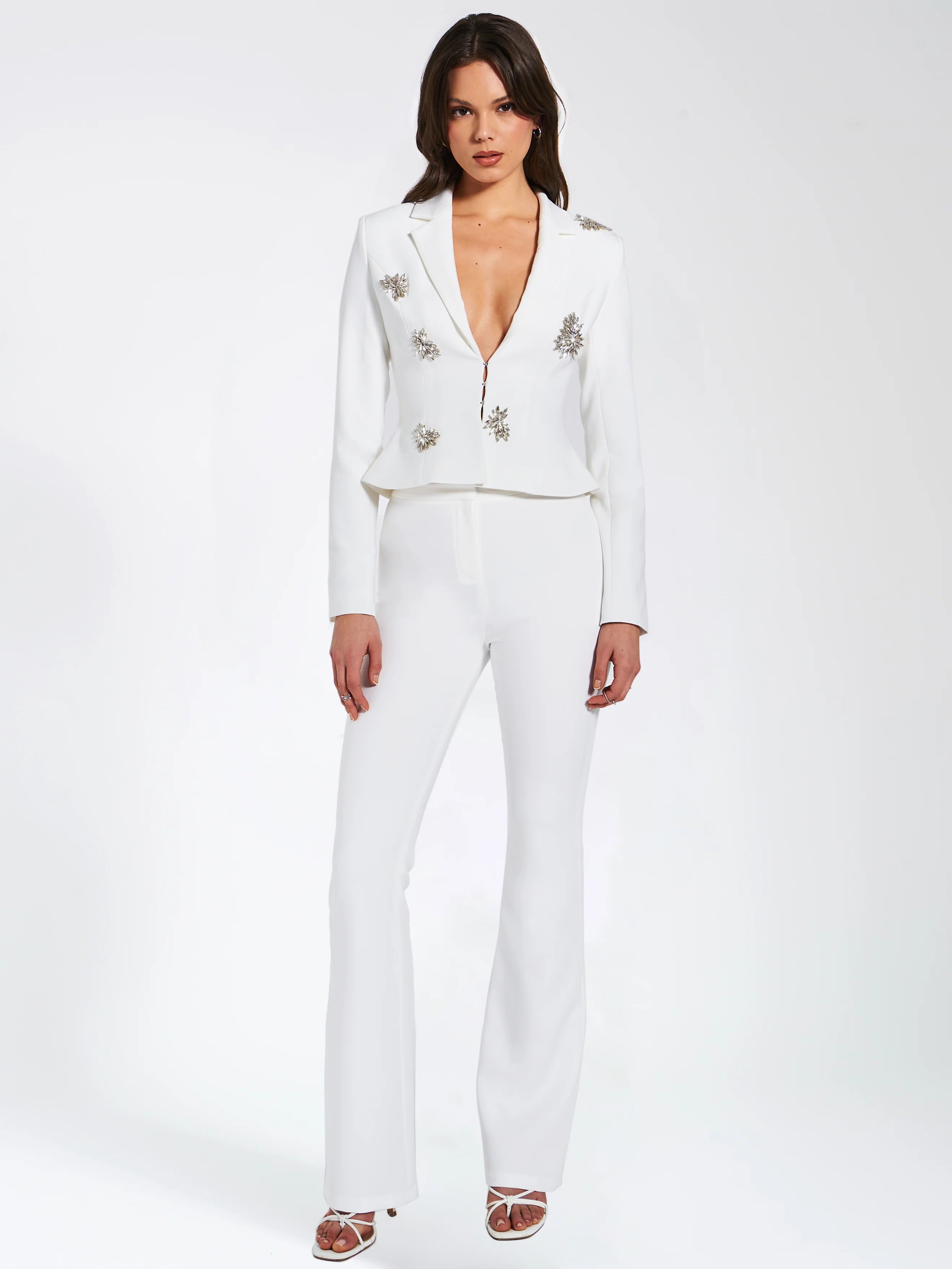 Waleria White Stretch Crepe Flare Pants