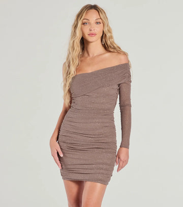 Glimmer Nights Off-The-Shoulder Glitter Mini Dress