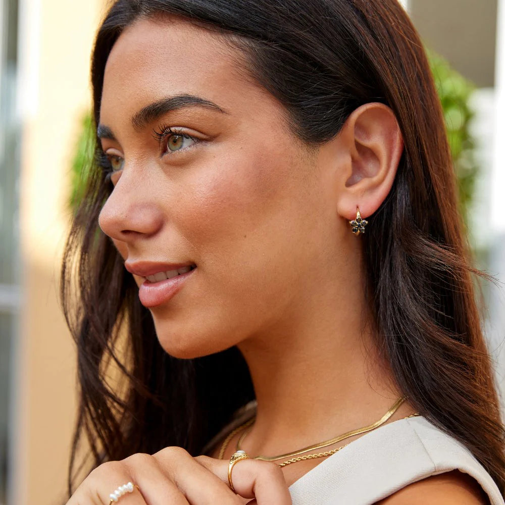 Vioraia Black Crystal Flower Hoop Earrings