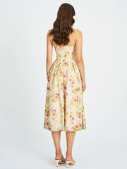 Jacinda Yellow Floral Print Ruched Breast Linen Midi Dress