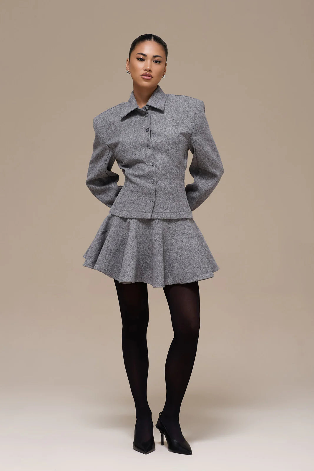 BLAIR BUTTON UP REMOVABLE SHOULDER PAD SHIRT | GREY