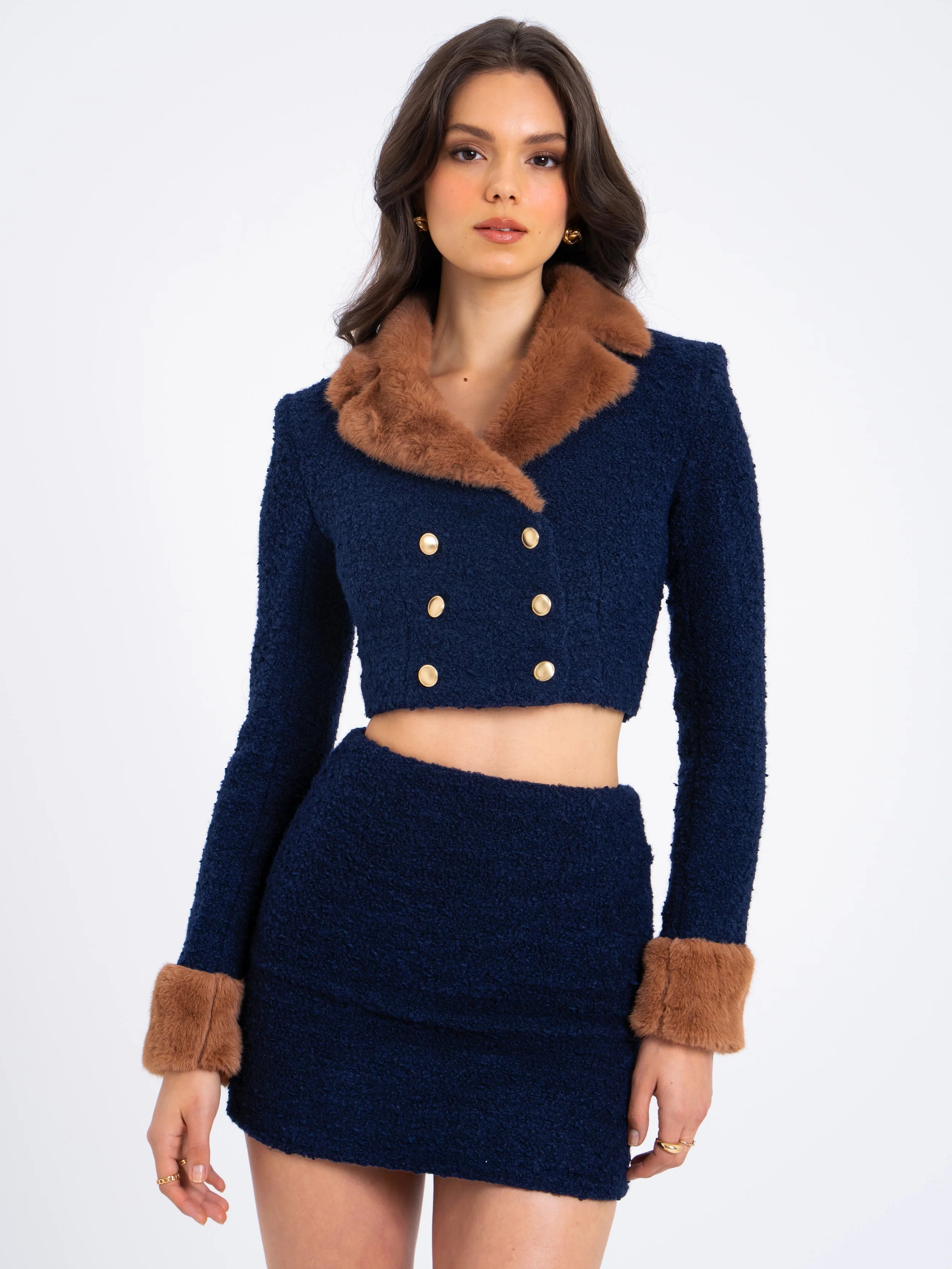 Wava Navy Blue Double Breast Fur Trim Cropped Boucle Wool Jacket