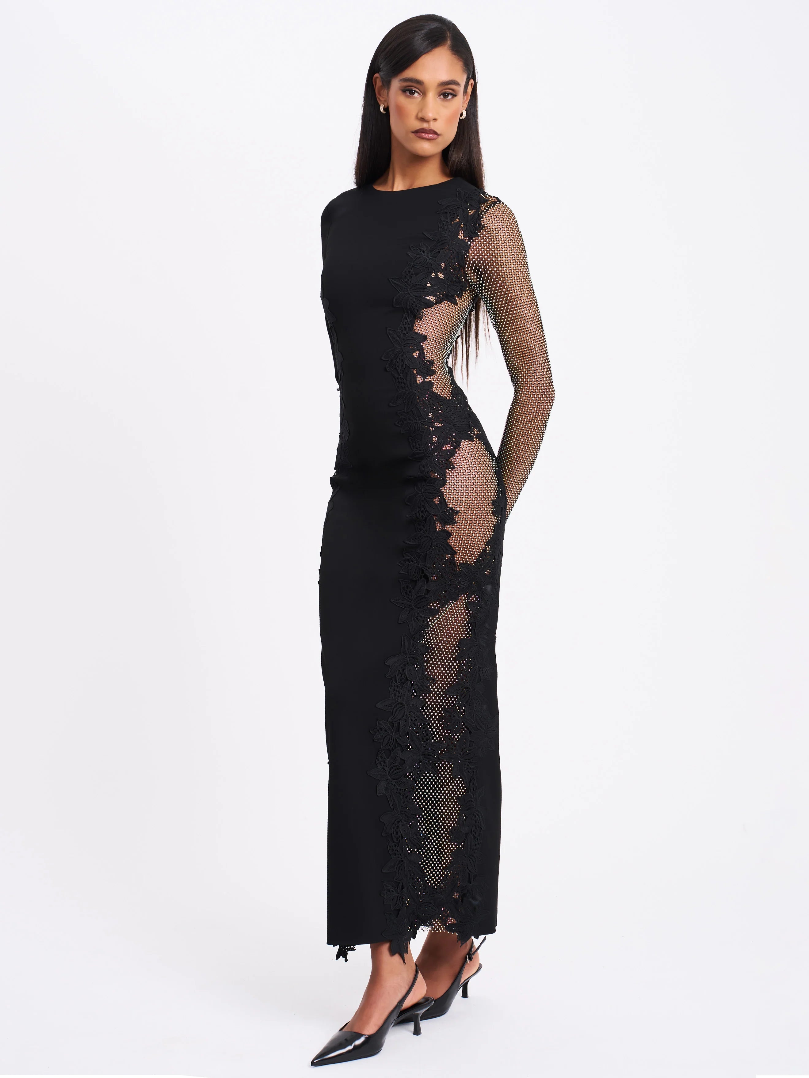 Bailey Lace Trim Crystal Net Cutout Long Sleeve Gown