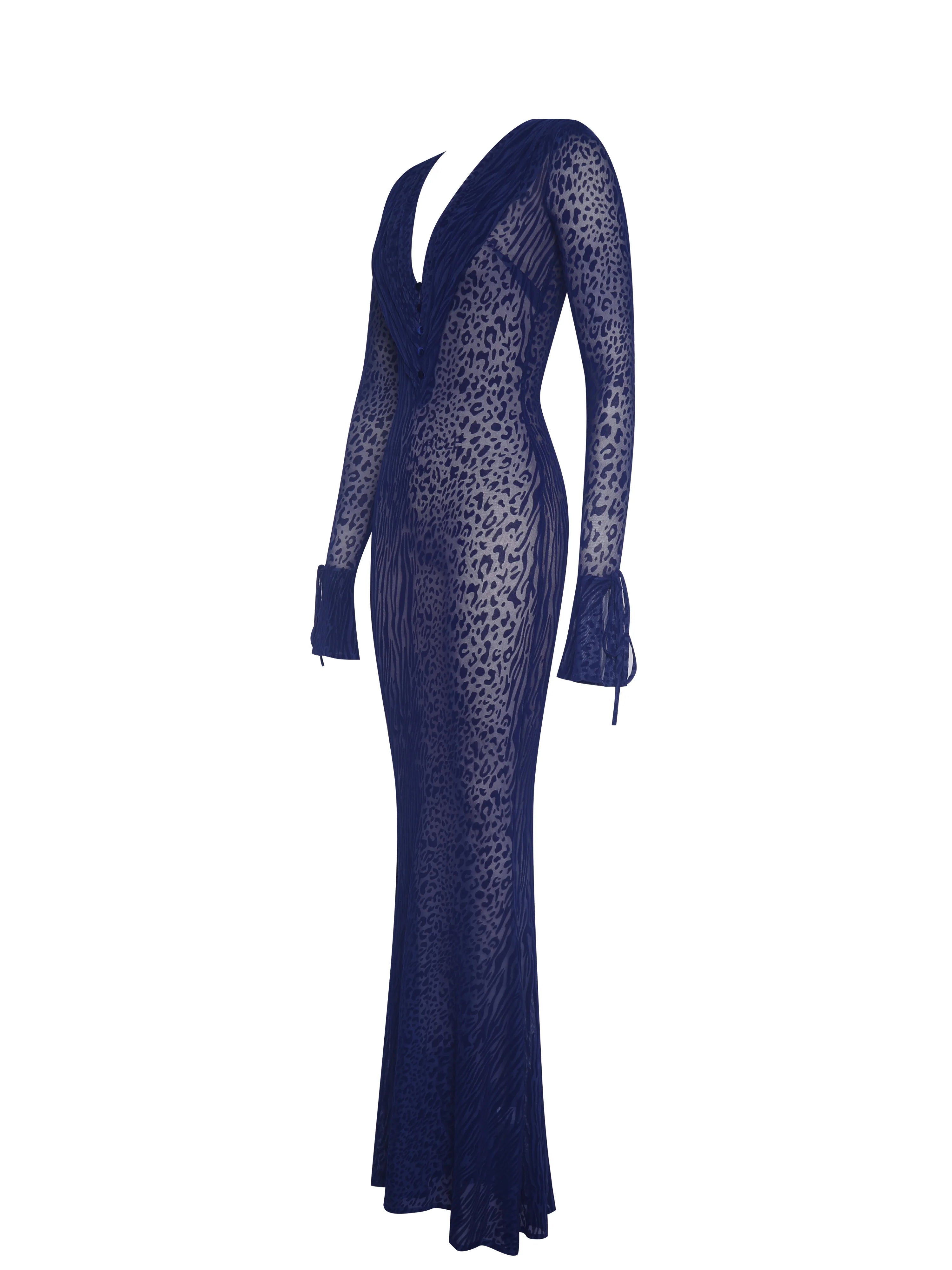 Ilyse Navy V-Neck Plunge Animal Print Mermaid Hem Maxi Dress