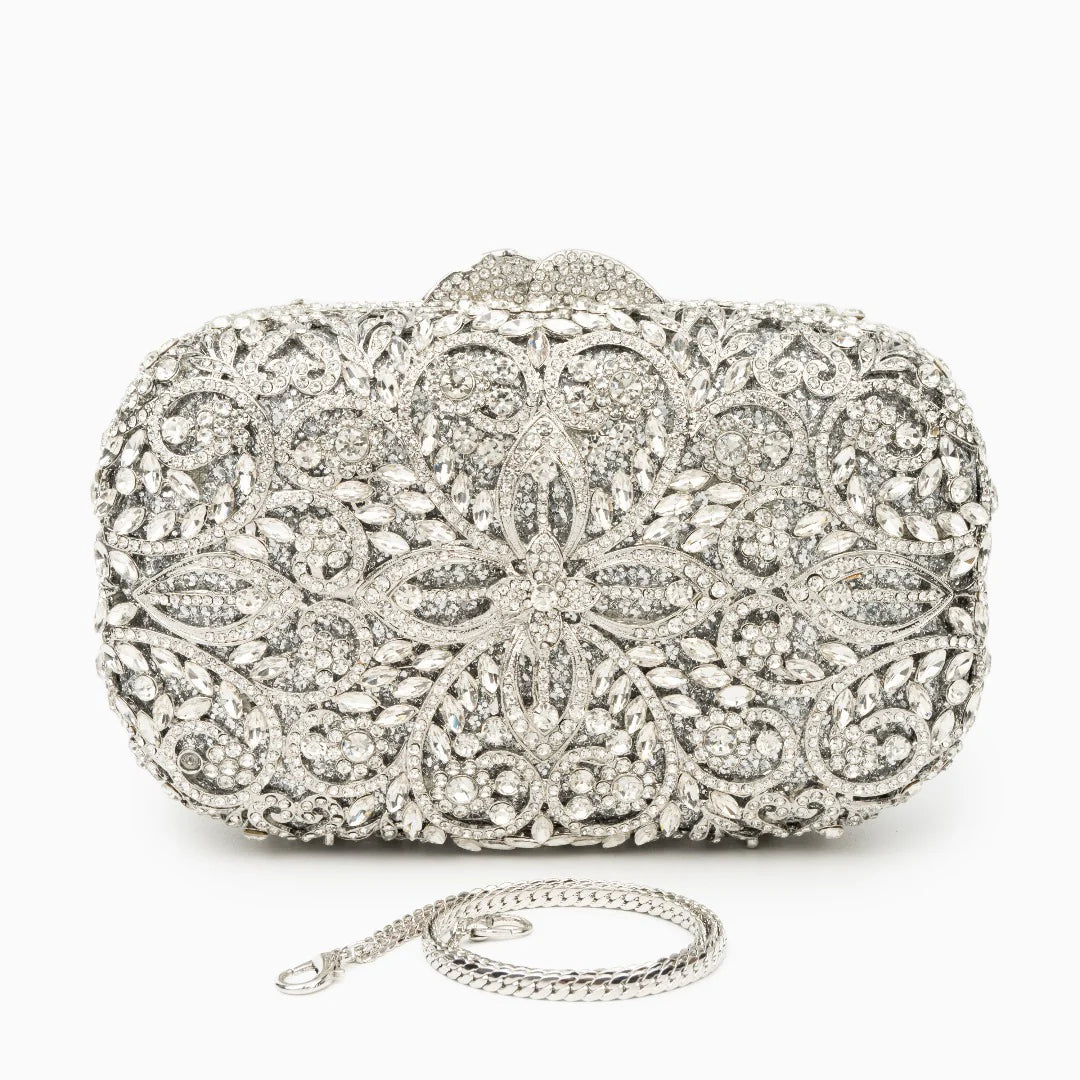 Vioraia Athena Flower Rhinestones Clutch Bag - Silver