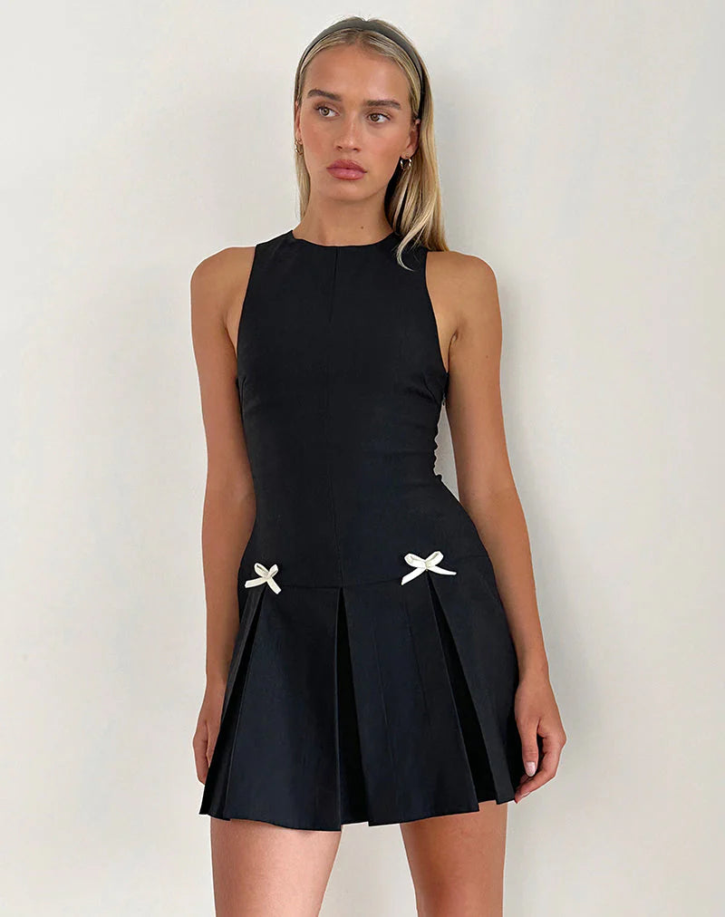 Radeta Mini Dress in Black with Ivory Bows