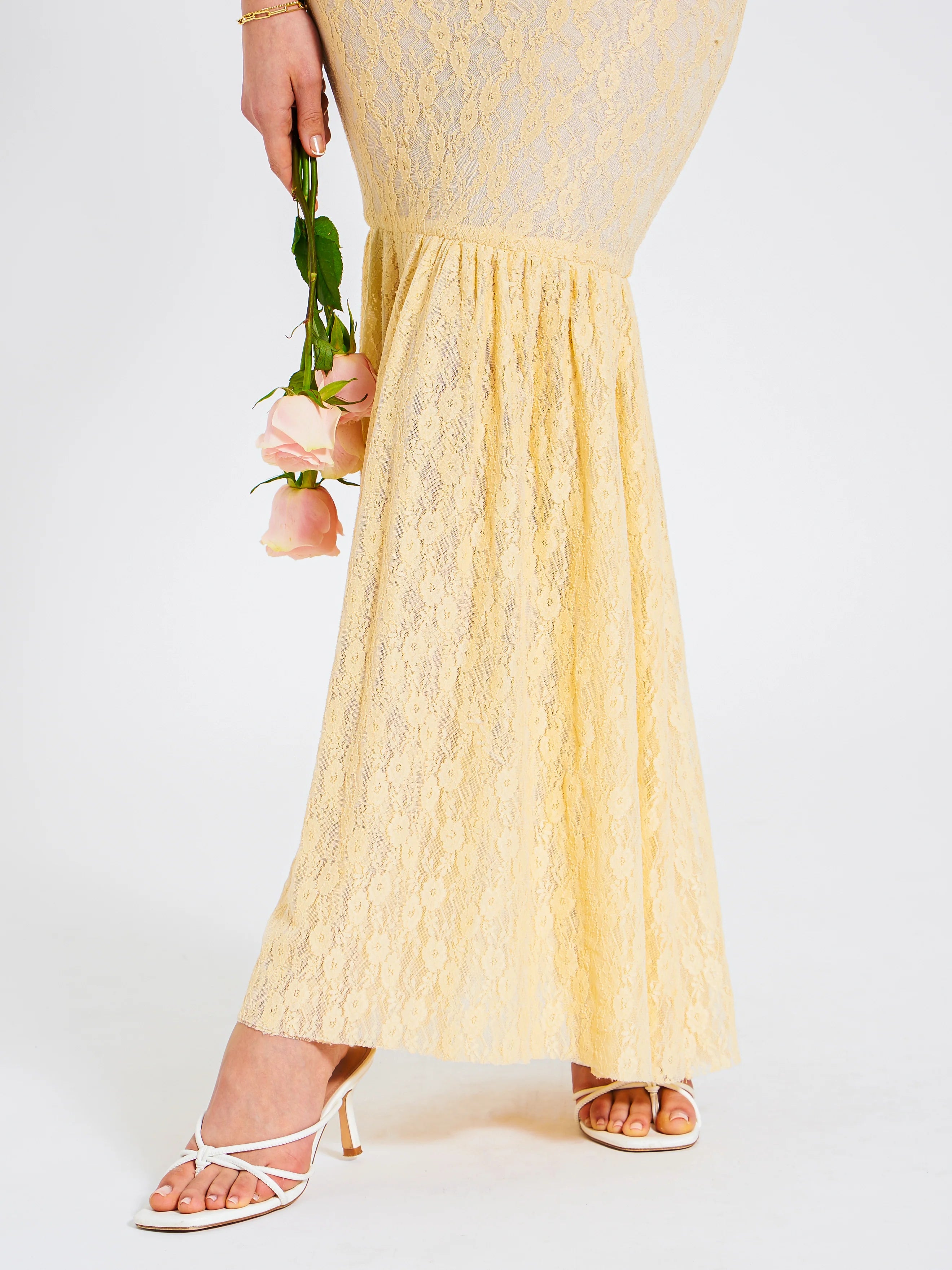 Ersilia Pale Yellow Satin Lace Peplum Corset Off Shoulder Maxi Dress