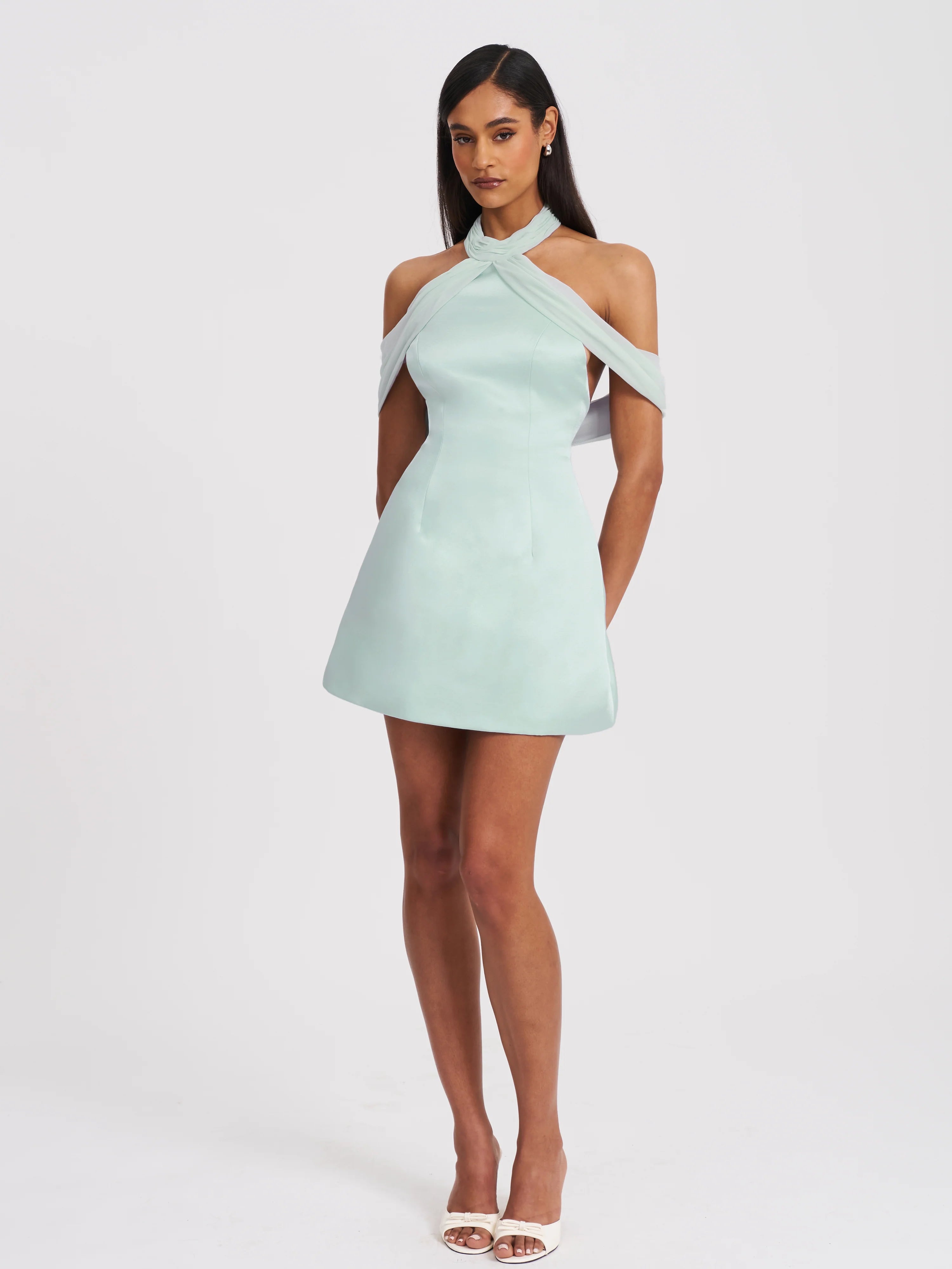 Zafrina Light Cyan Halter Off-shoulder Backless Mini Dress