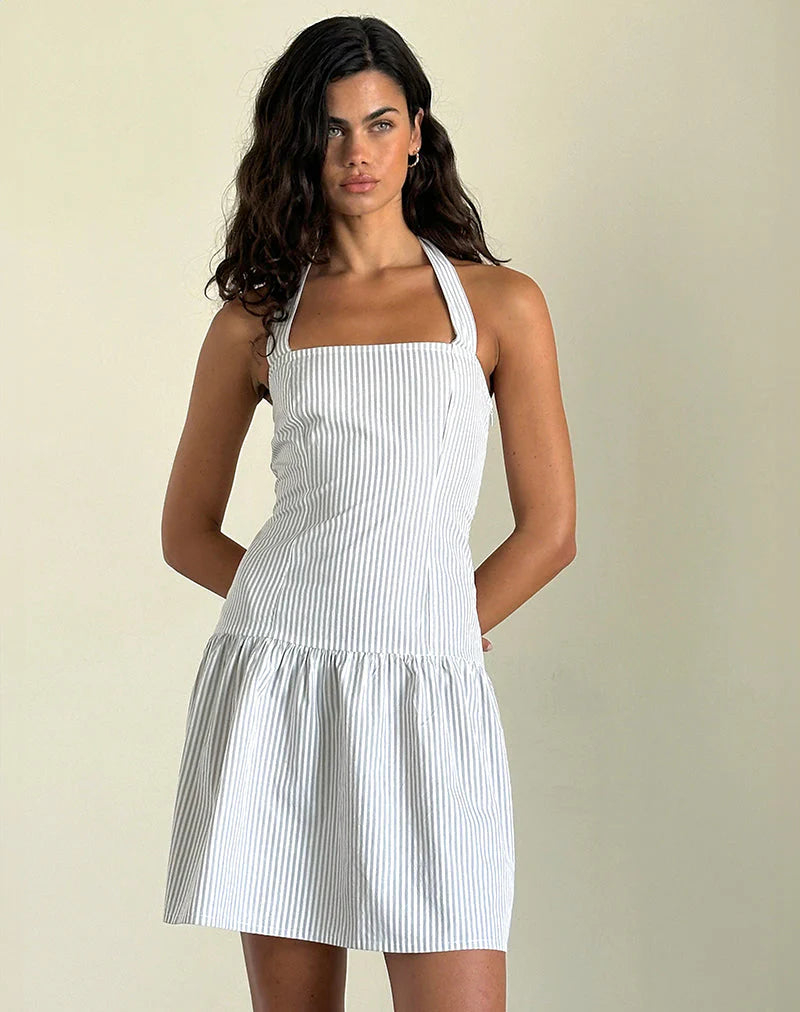 Panja Mini Halter Dress in Small Stripe Vertical Grey