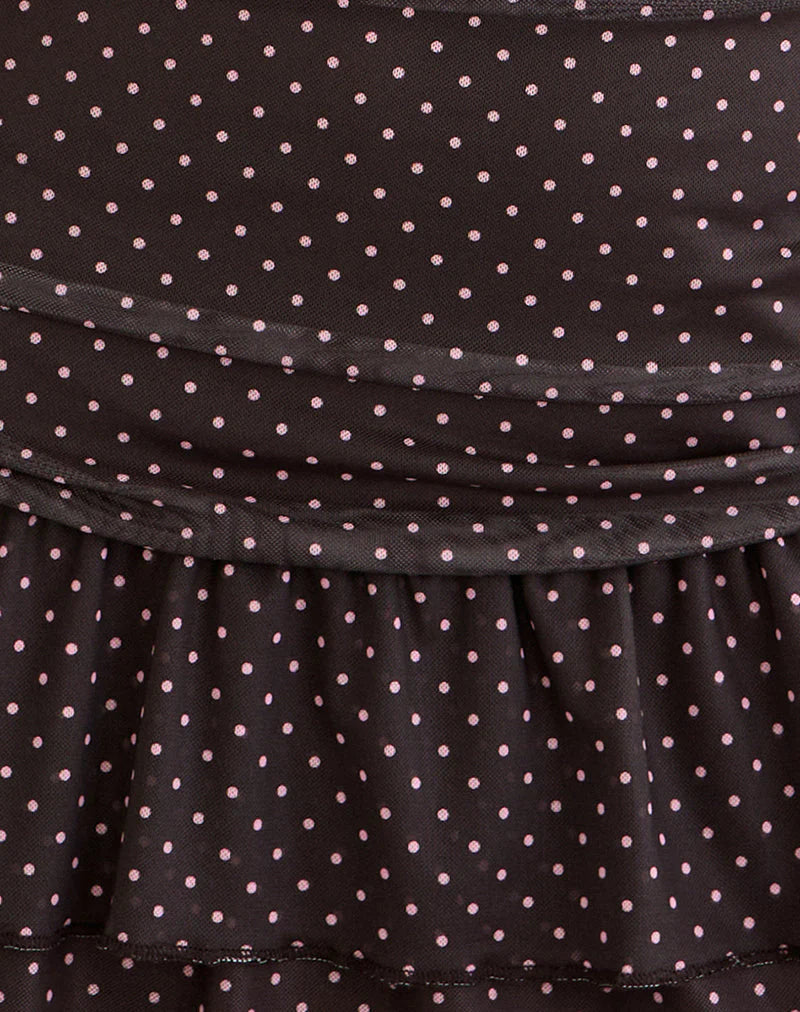 Mowgli Cap Sleeve Mini Dress in Brown with Micro Polka Pink Print