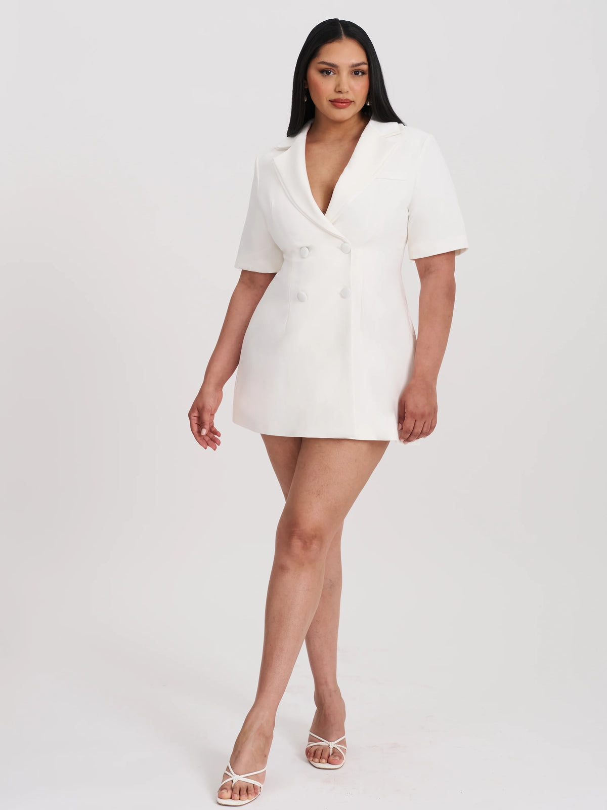 Madelina White Double Breast Satin Trim Blazer Dress