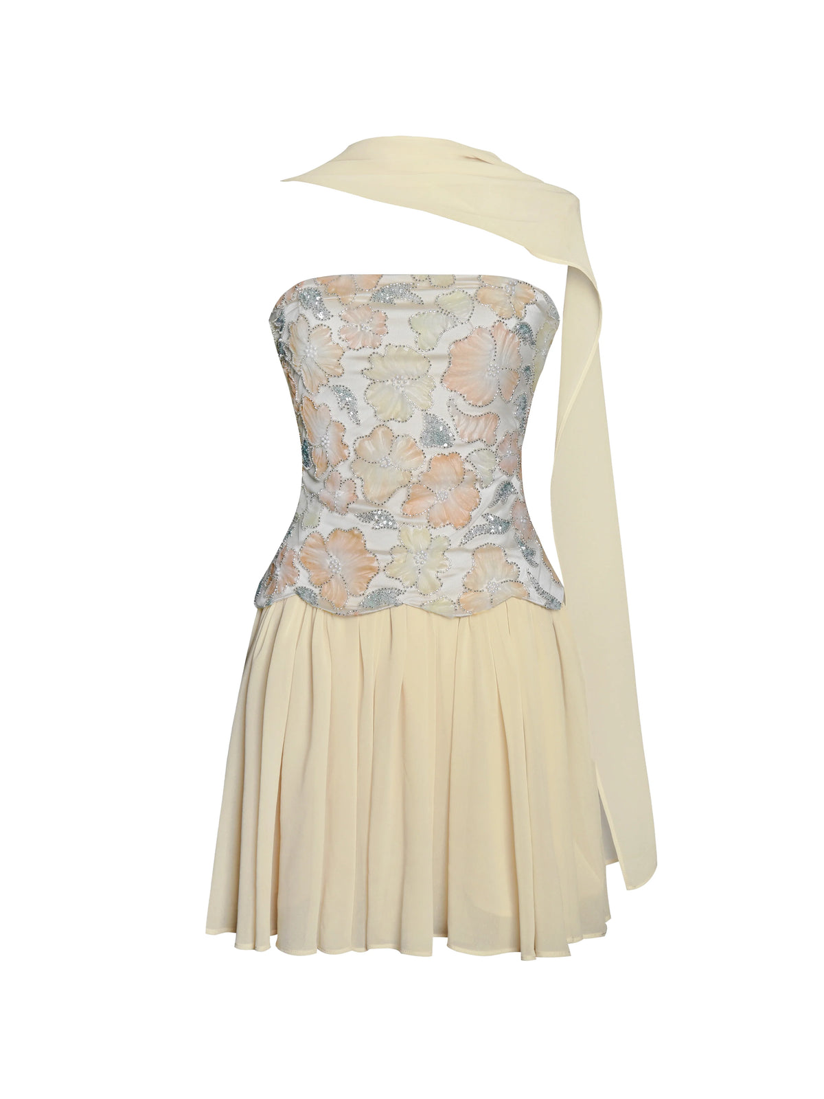 Quanisha Yellow Beaded Floral Mini Chiffon Dress with Scarf