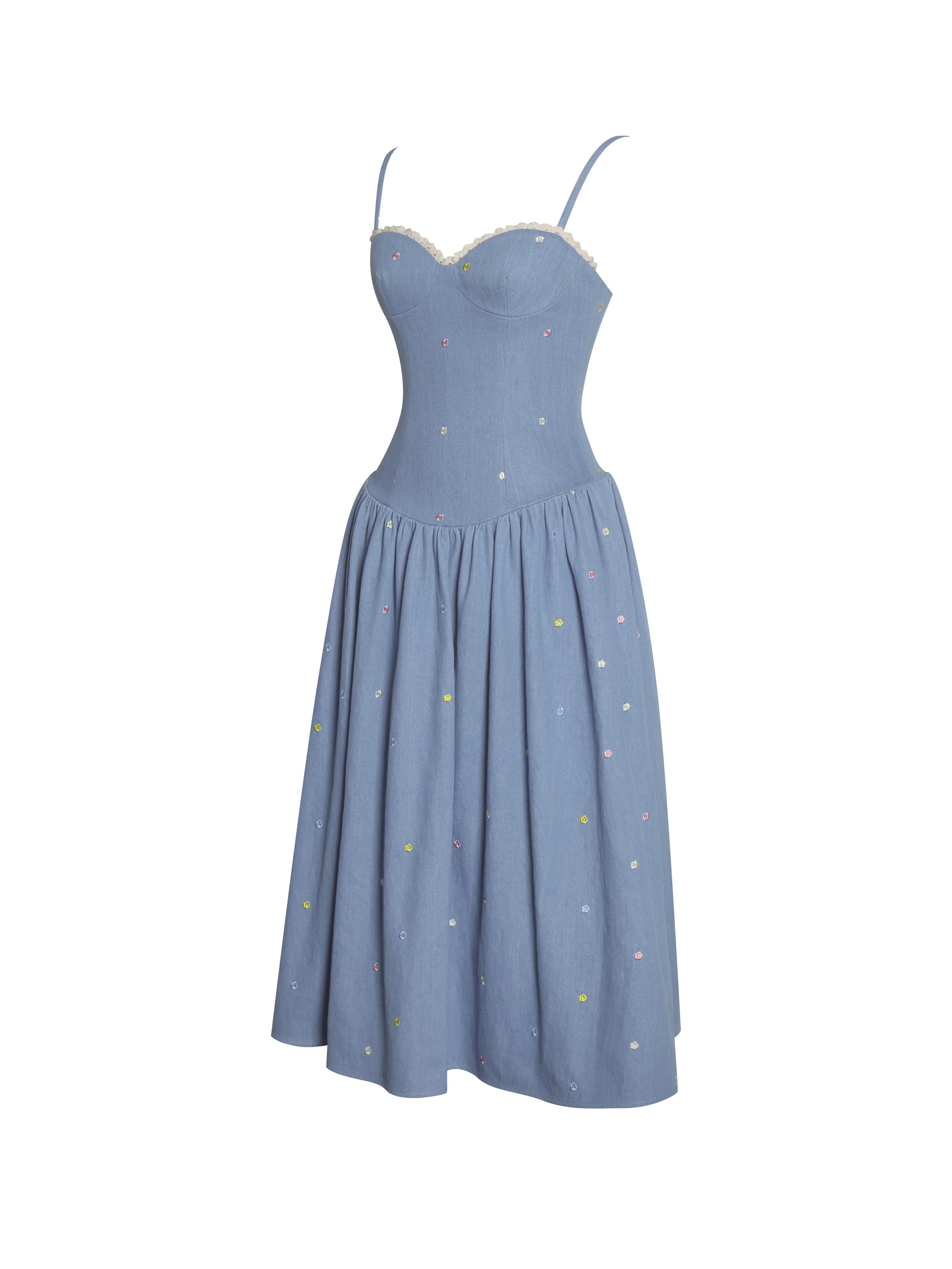 Zadie Cotton Denim Drop Waist Embroidery Flower Midi Dress