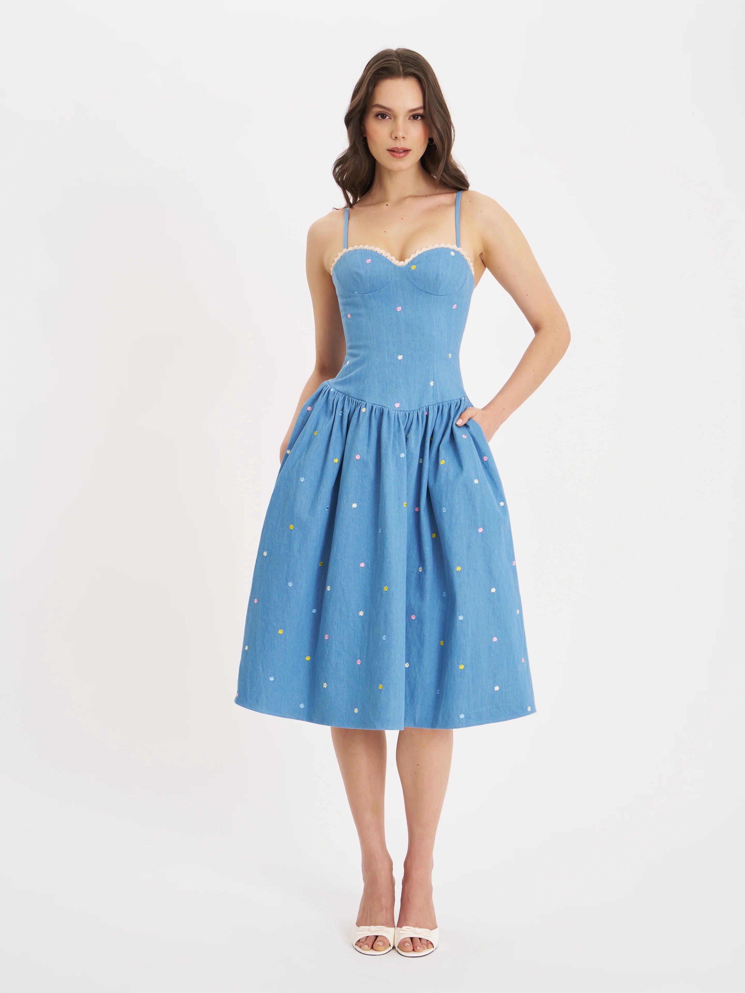 Zadie Cotton Denim Drop Waist Embroidery Flower Midi Dress