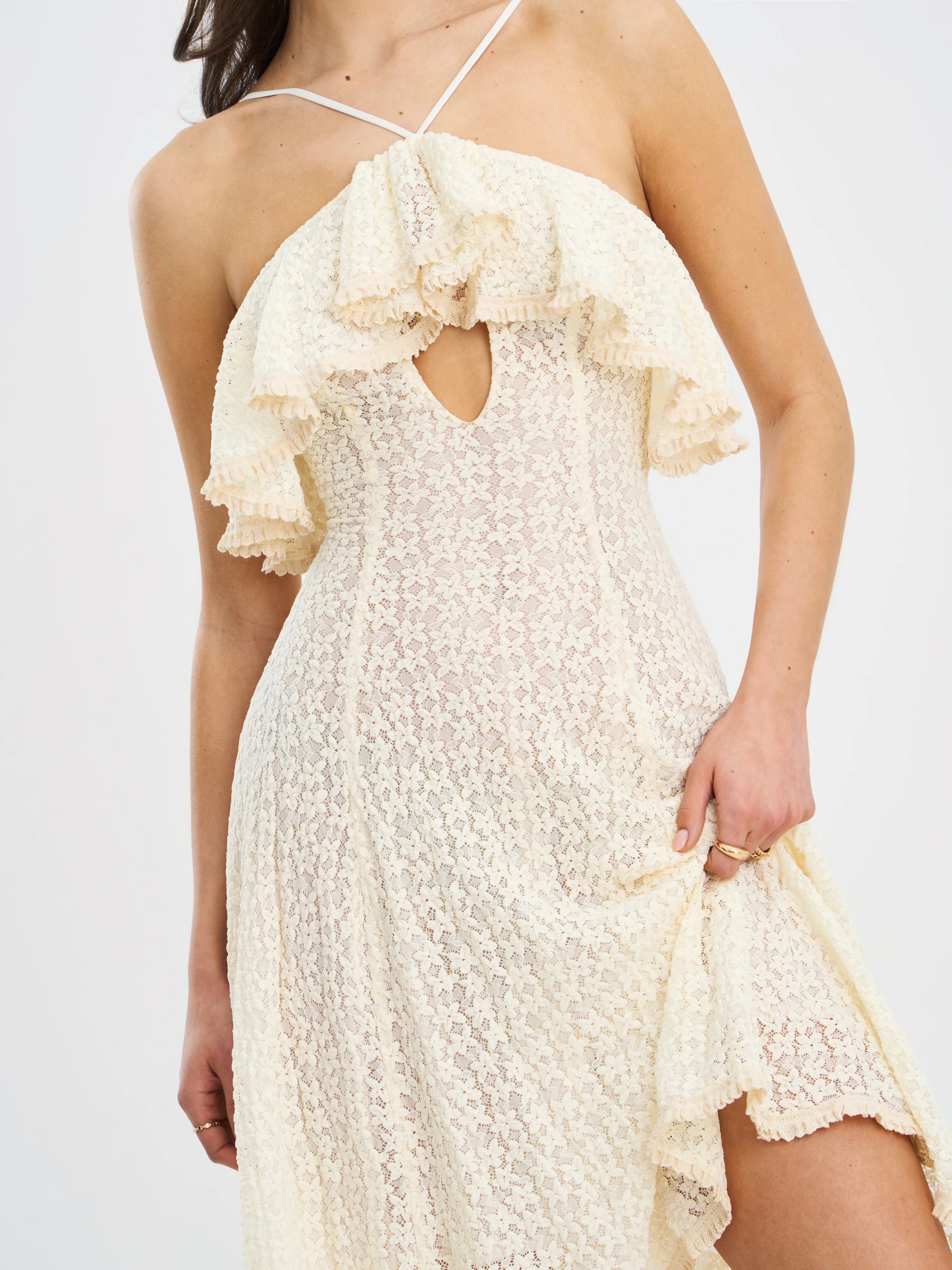 Idra Lace Trim Sleeveless Crochet Midi Trailing Dress