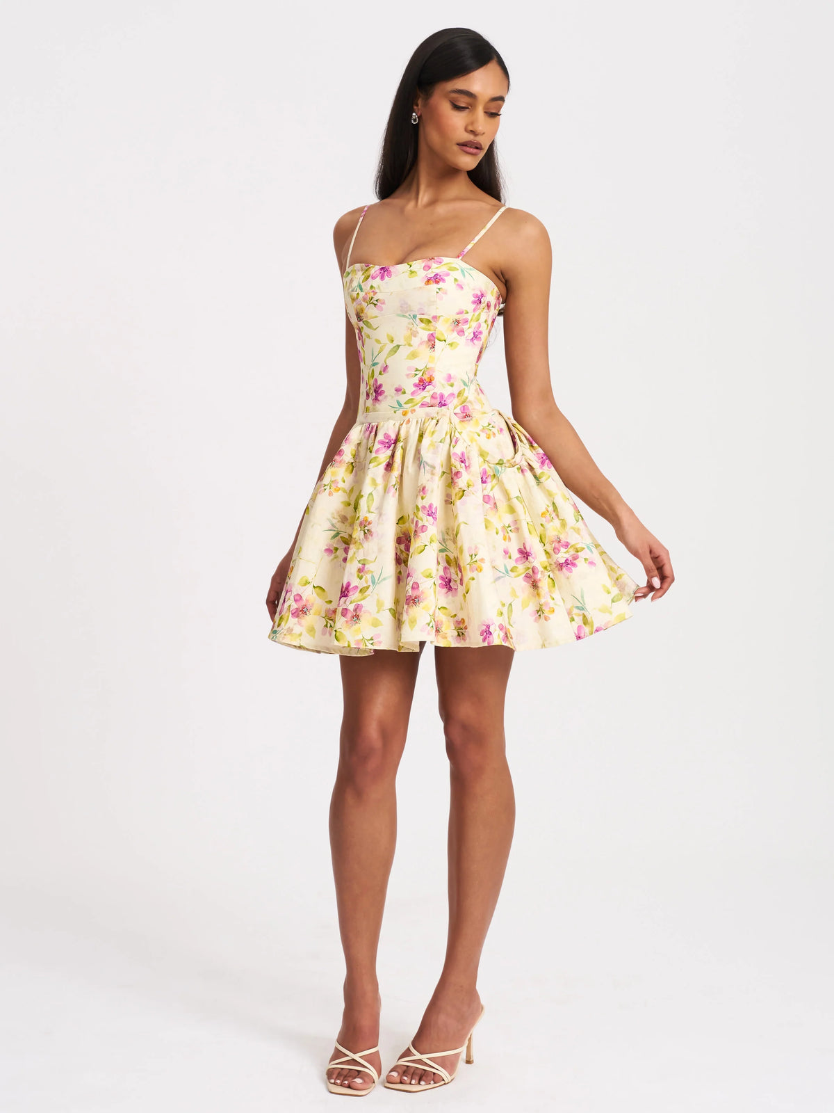 Valda Yellow and Pink Print Linen Mini Dress with Pockets