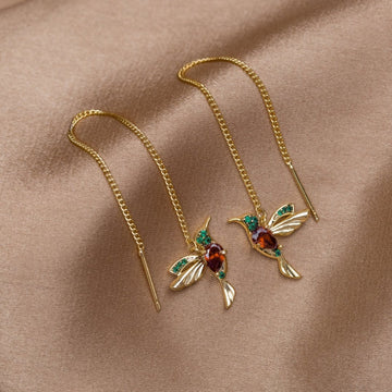 Vioraia Crystal Hummingbird Tassel Earrings