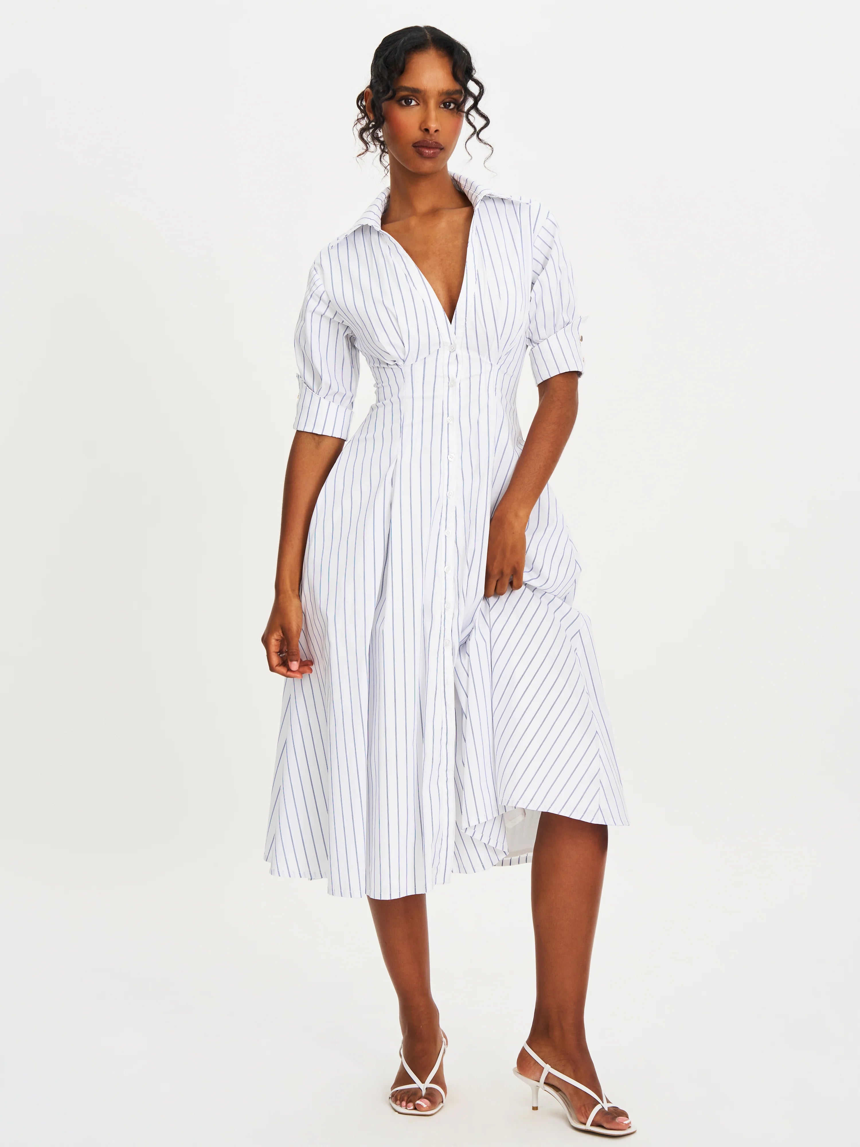 Palina Pinstripes Cotton Poplin Pleated Midi Preppy Shirt Dress
