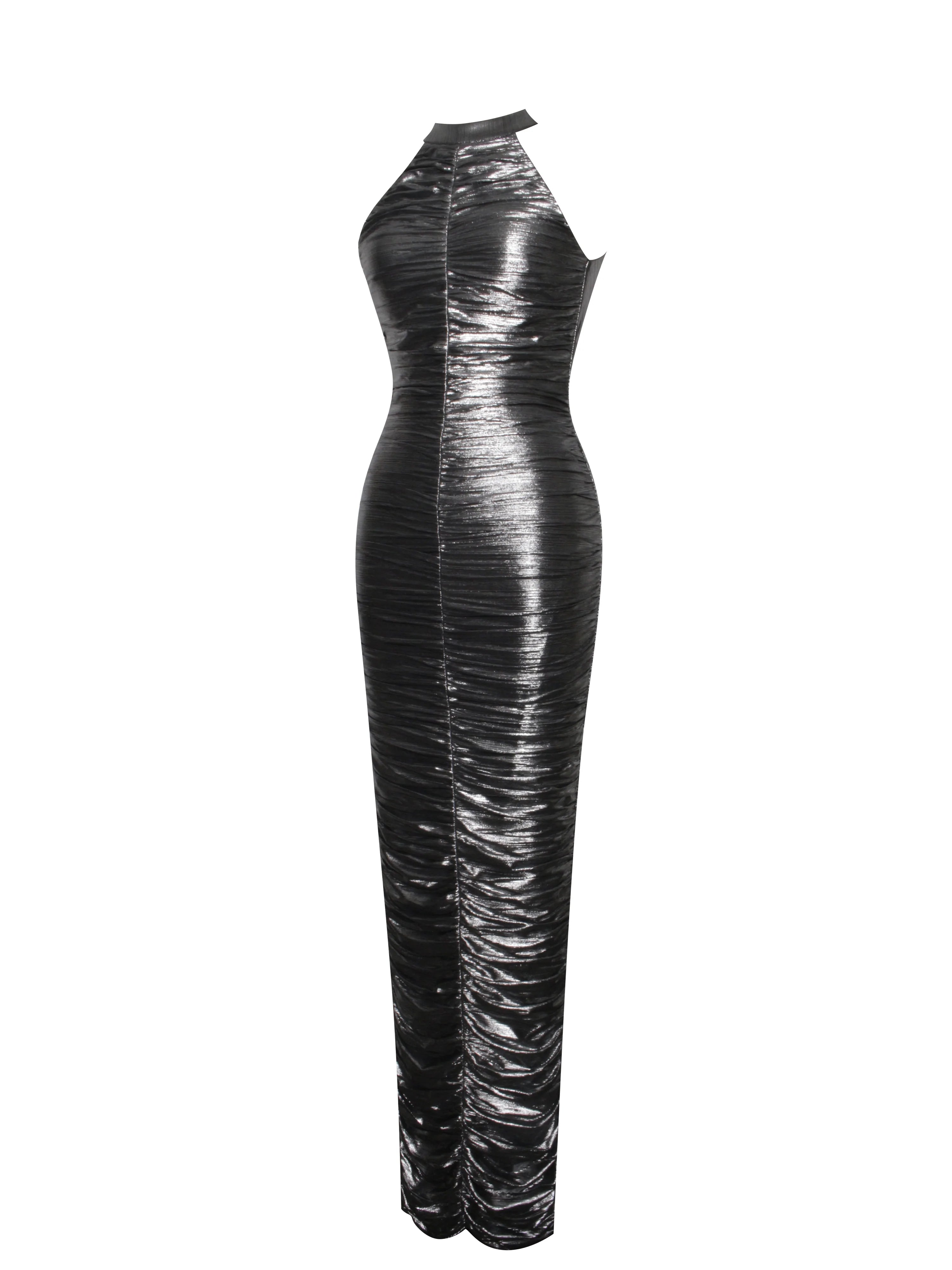 Abril Ruched Silver Glitter Backless Gown