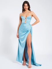 Marilyn Pale Blue Satin Crystal Embellished High Slit Gown