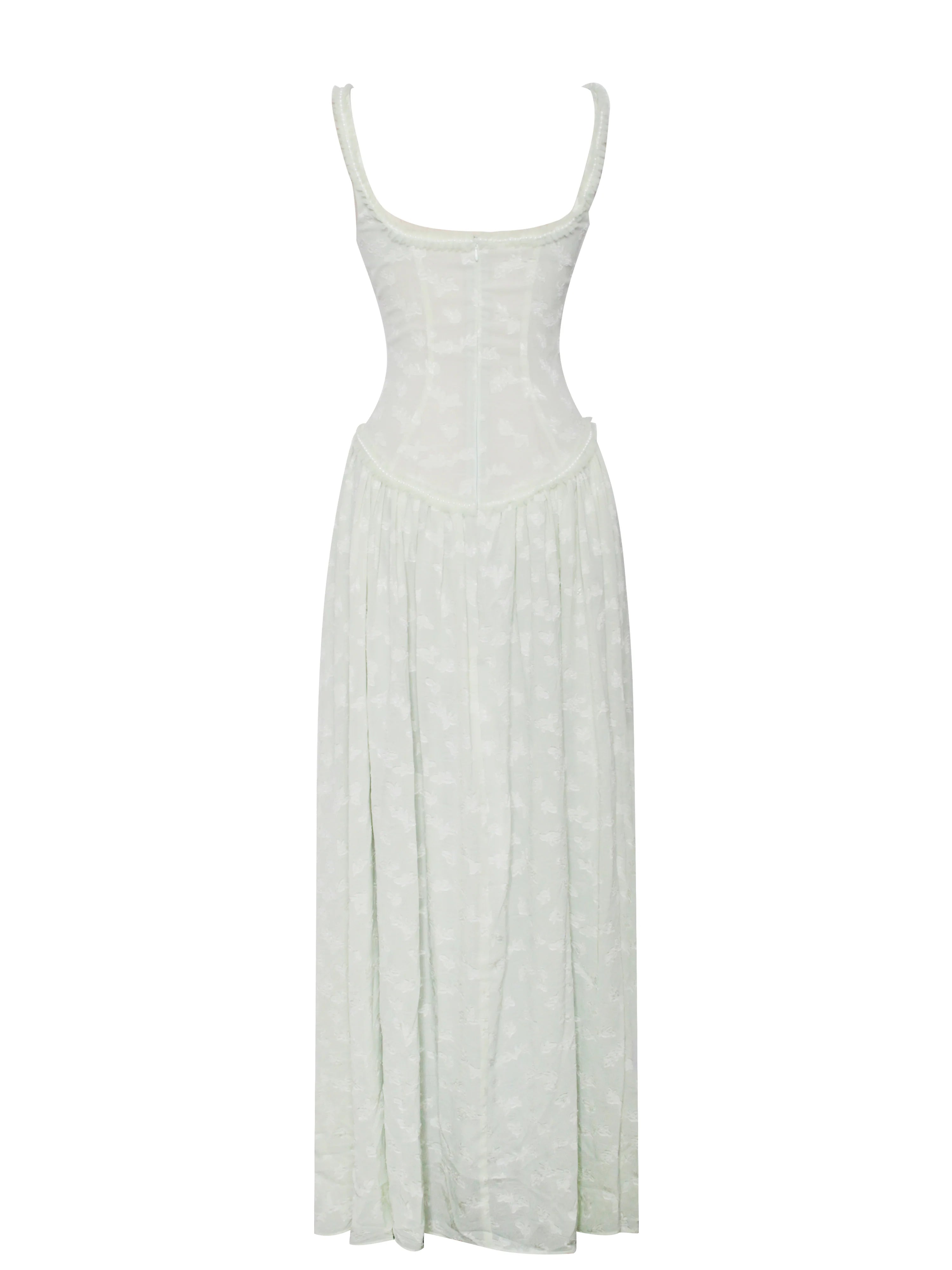 Ulissa Light Green Square Neck Jacquard Textured High Slit Maxi Dress