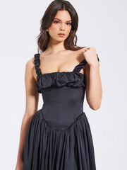 Noreen Black Satin Drop Waist Maxi Sundress