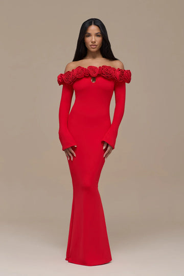 AINSLEIGH BARDOT ROSE MAXI DRESS | RED