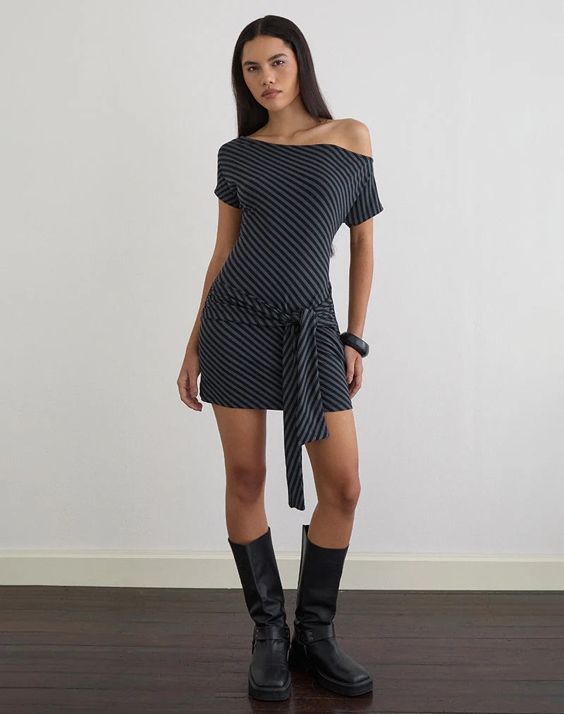 Genya Mini Dress in Oblique Stripe Ocean Storm