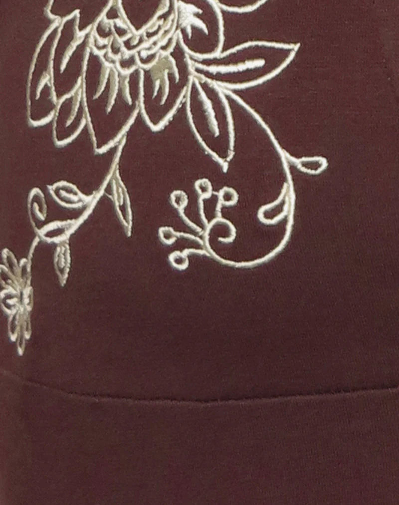 Hepzhi Mini Dress in Bitter Chocolate with Floral Embroidery