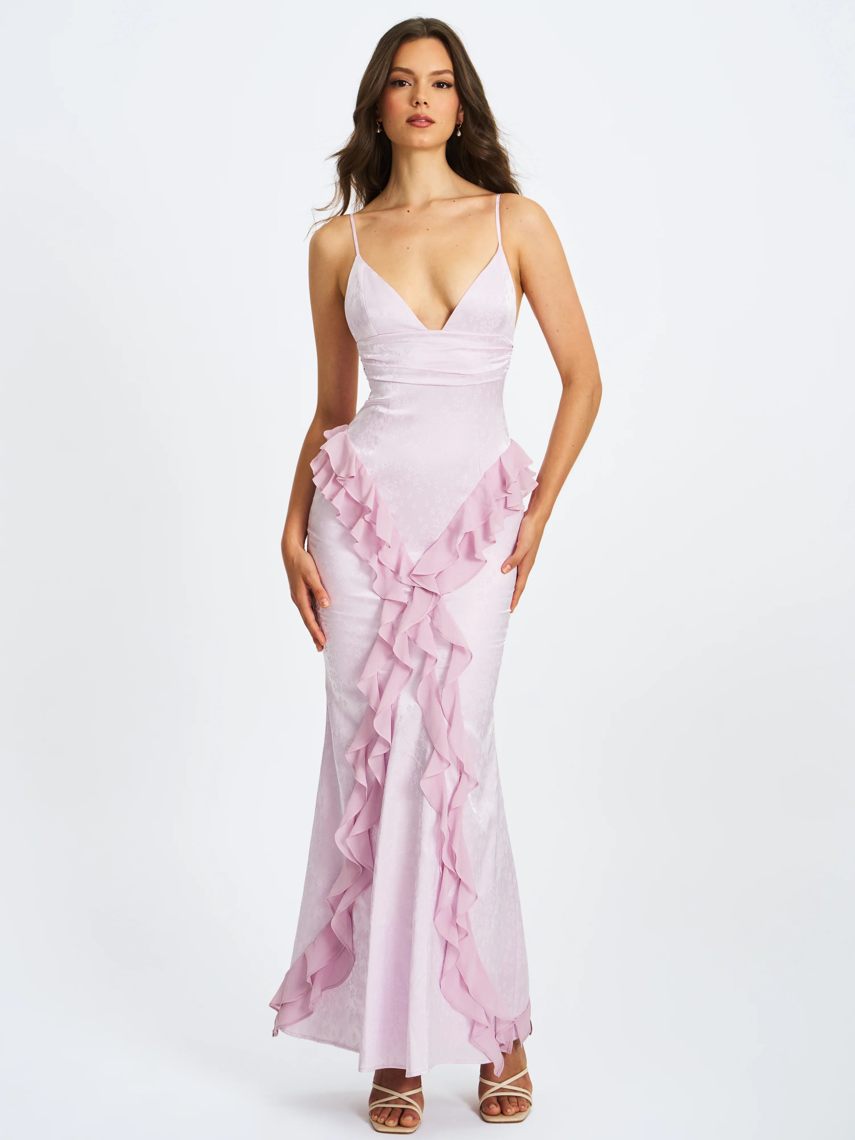 Paolina Taro Pink Jacquard Ruffle Mermaid Maxi Dress