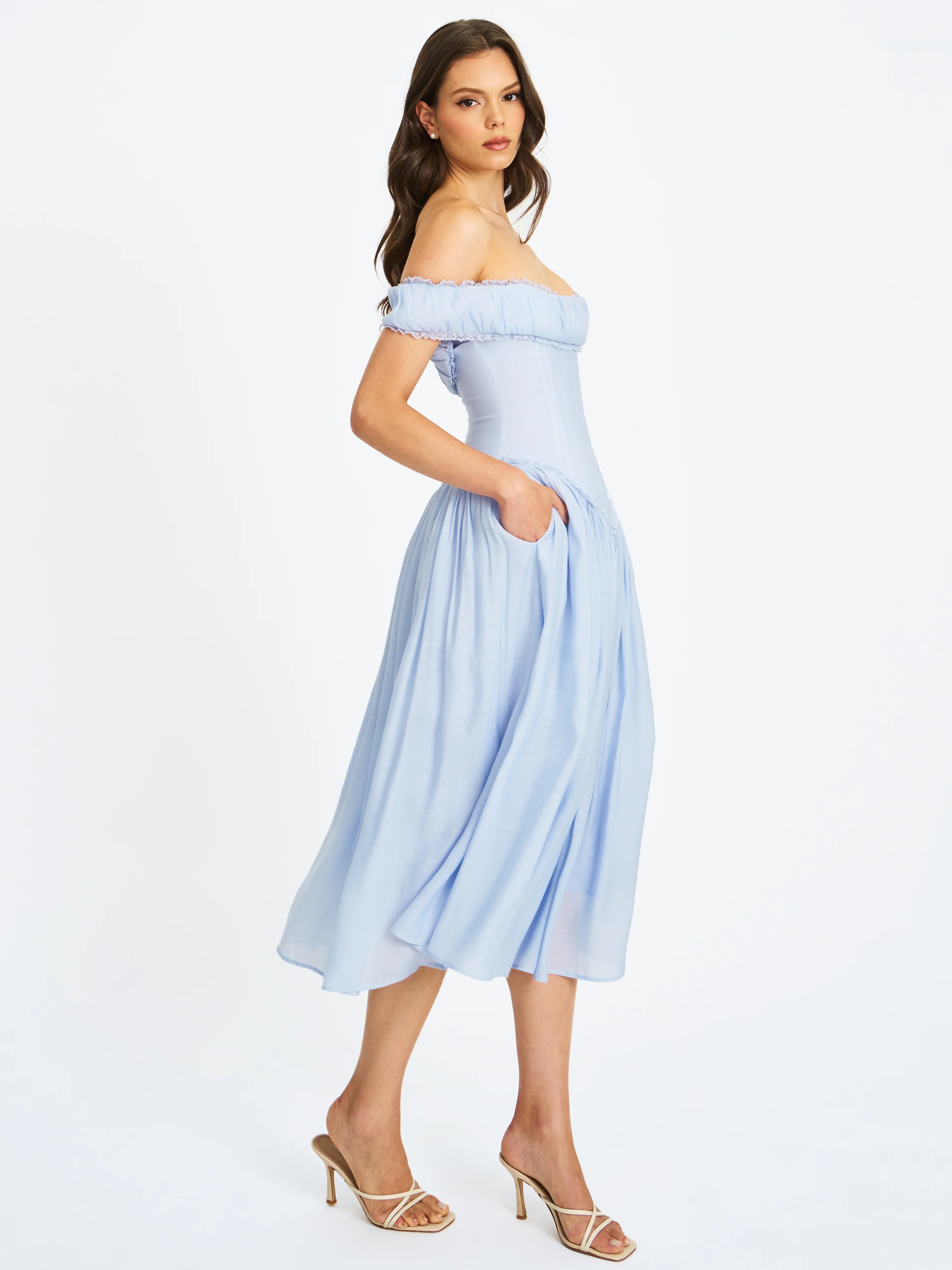 Xavy Baby Blue Off Shoulder Corset Midi Dress