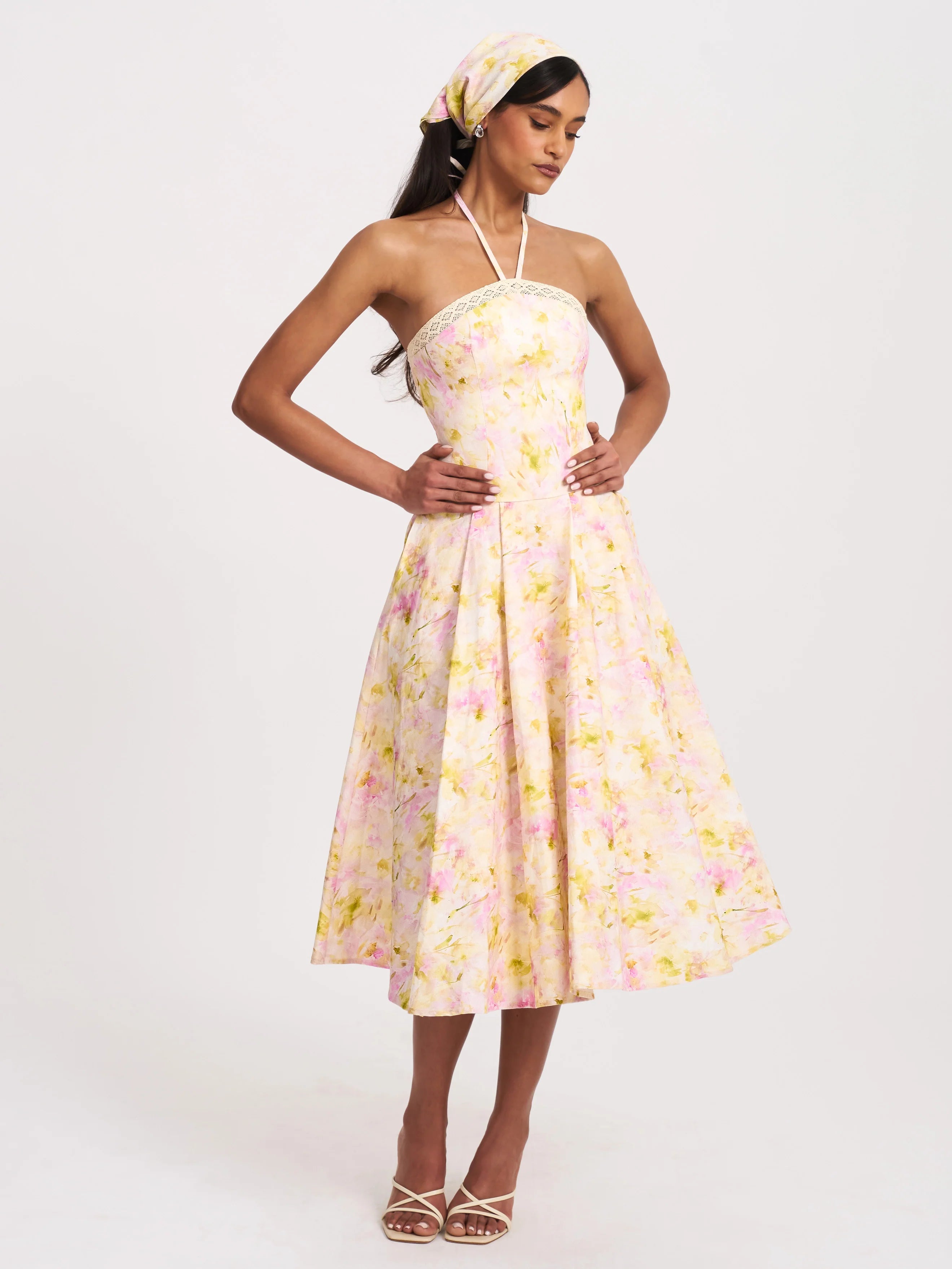 Zaina Yellow Pink Floral Print Lace Trim Linen Midi Dress