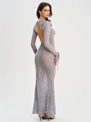 Waylynn Gray Animal Print Burnout Velvet Detail Mesh Backless Maxi Dress