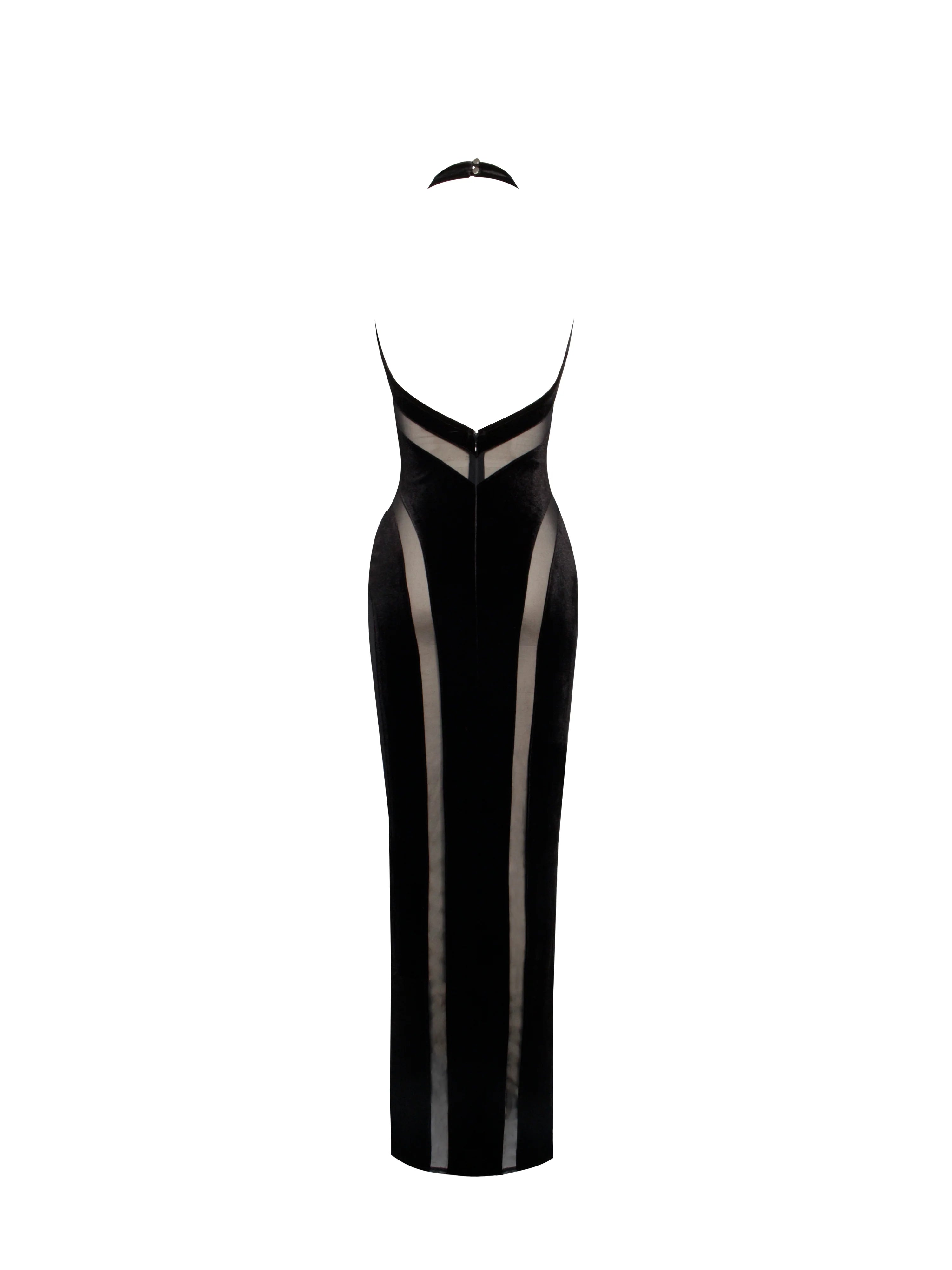 Paityn Black Velvet Mesh Cutout Halter Gown