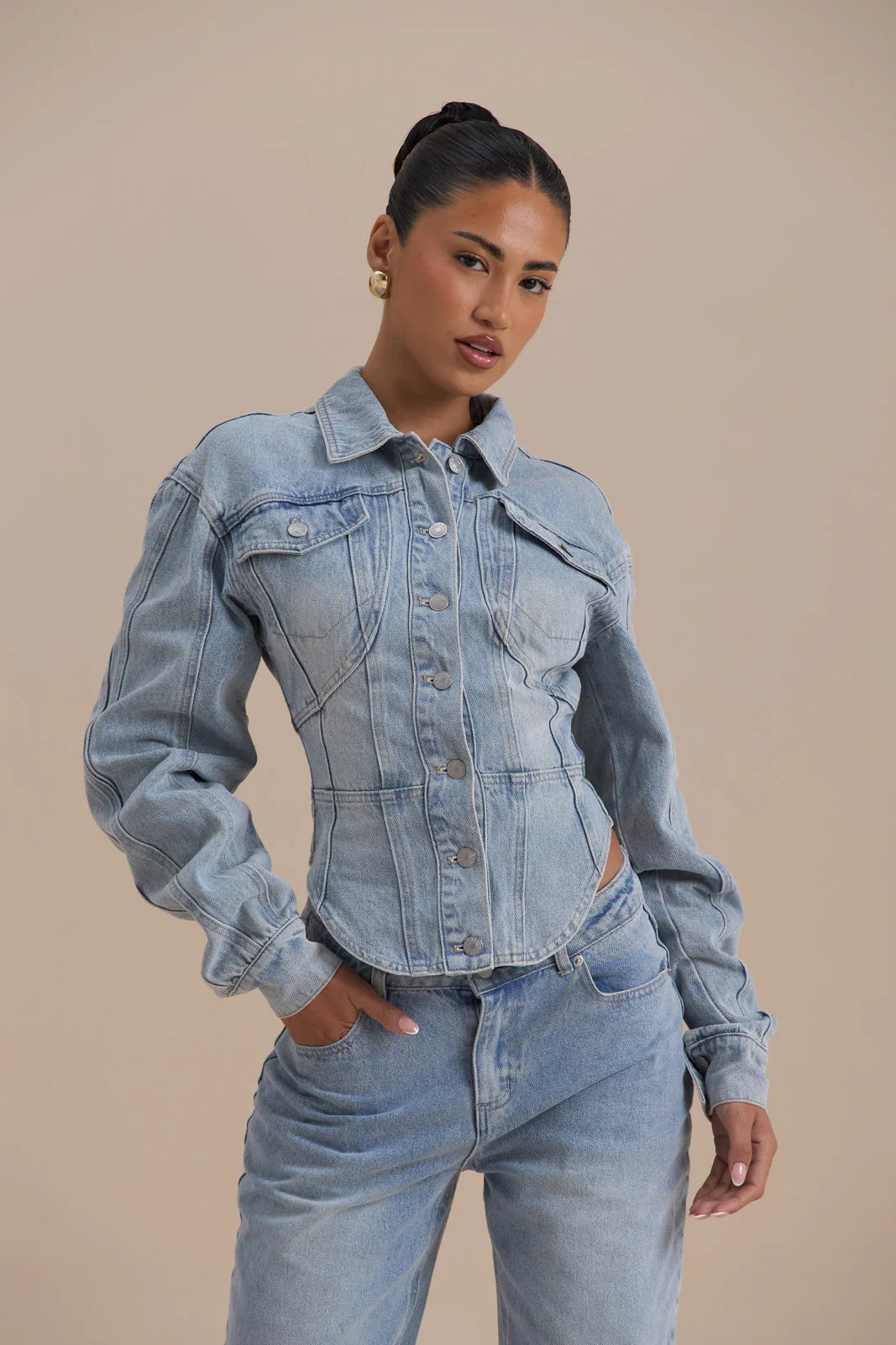 ALIX BUTTON UP CORSET JACKET | MID WASH DENIM