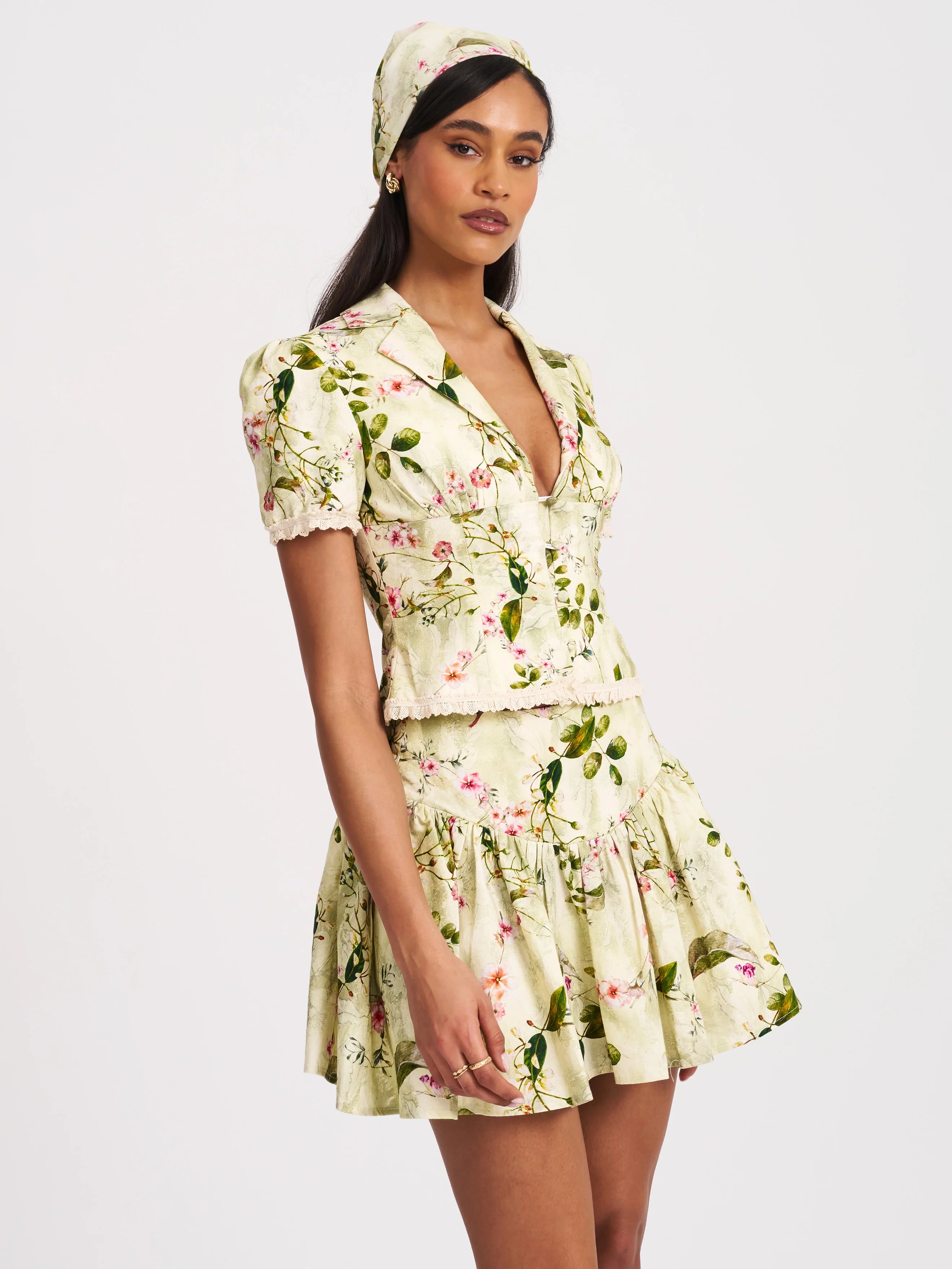 Zanelle Green Floral Print Drop Waist Linen Full Skirt