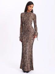 Waylynn Nude Black Animal Print Burnout Velvet Detail Mesh Backless Maxi Dress