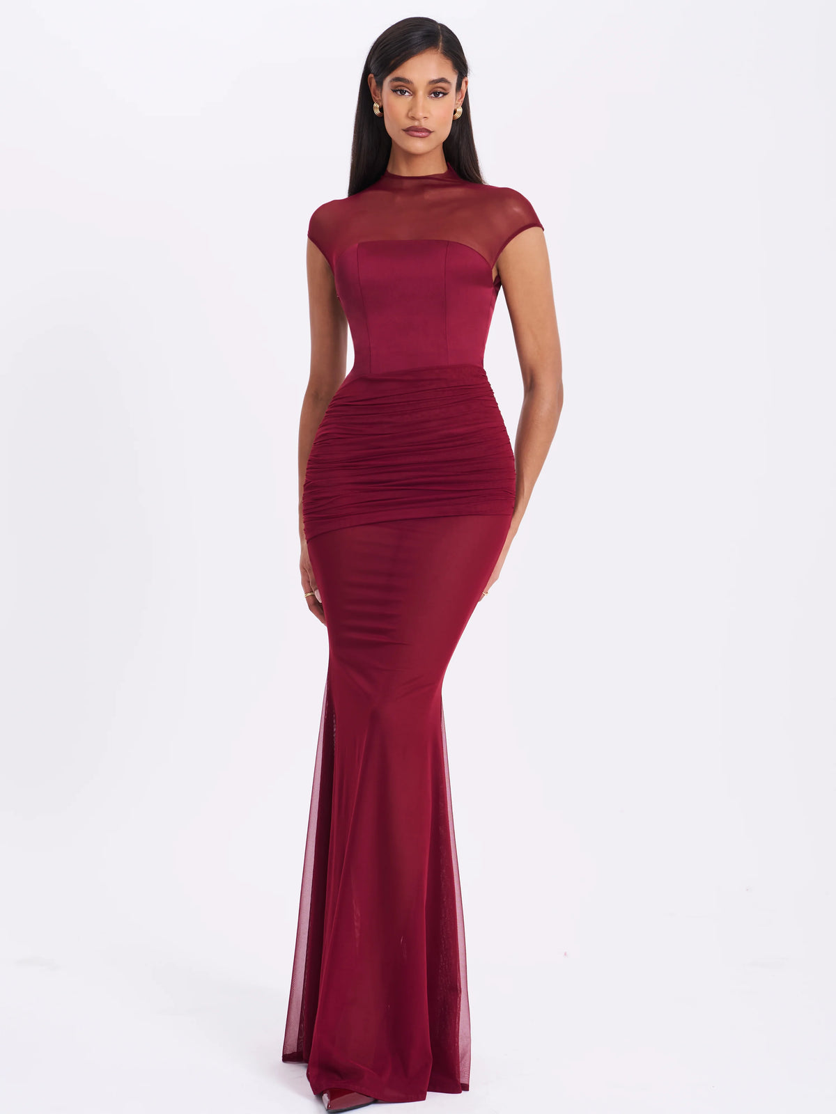 Fabienne Burgundy Mesh Cap Sleeve Mermaid Gown